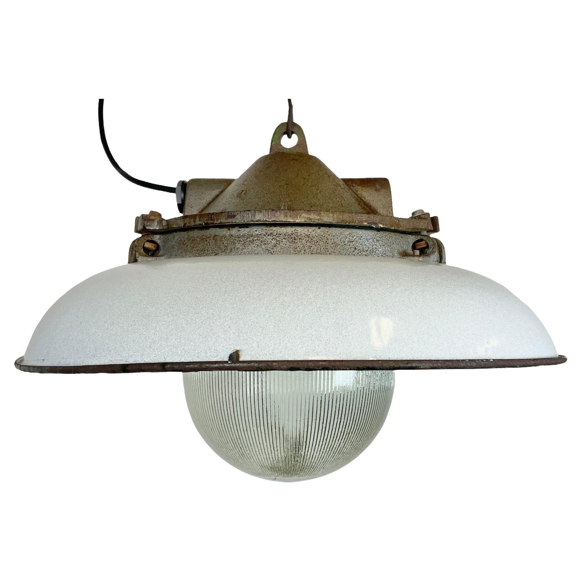 Industrial Grey Enamel Factory Pendant Lamp in Cast Iron from Zaos, 1960s For Sale