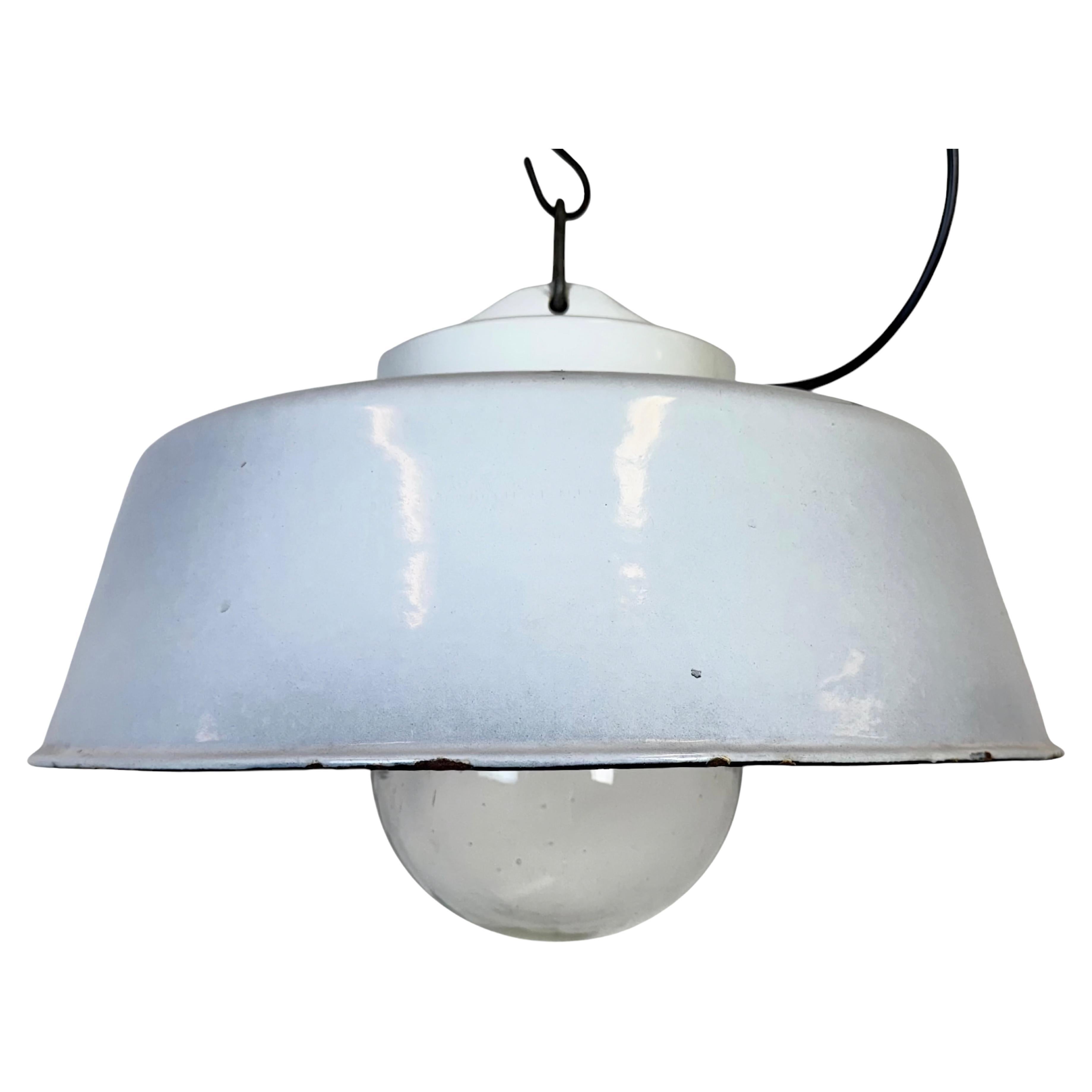 Industrial Grey Enamel Factory Pendant Lamp with Glass Cover, 1960s