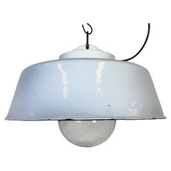 Industrial Grey Enamel Factory Pendant Lamp with Glass Cover, 1960s
