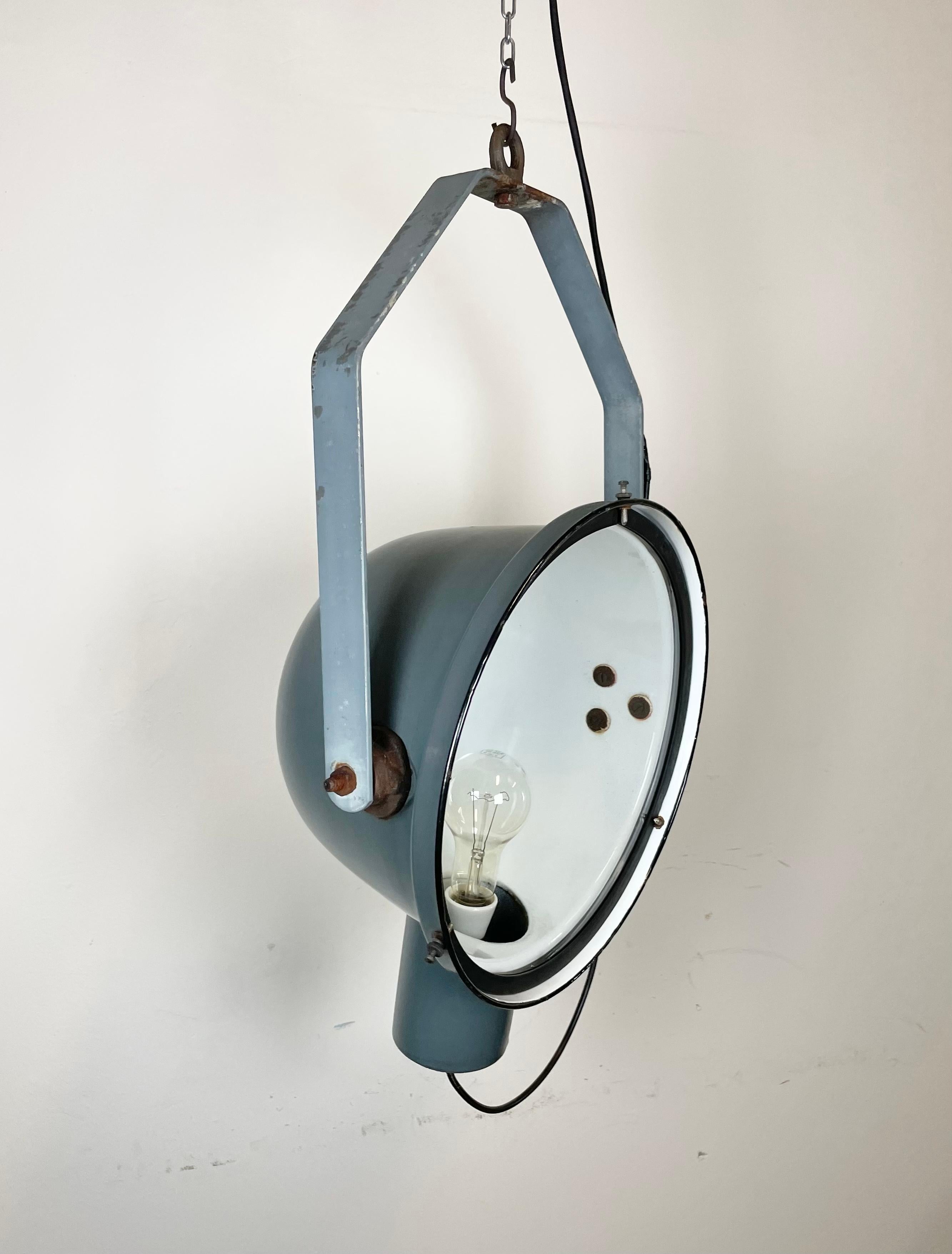 Czech Industrial Grey Enamel Factory Spotlight with Glass Cover, 1950s For Sale