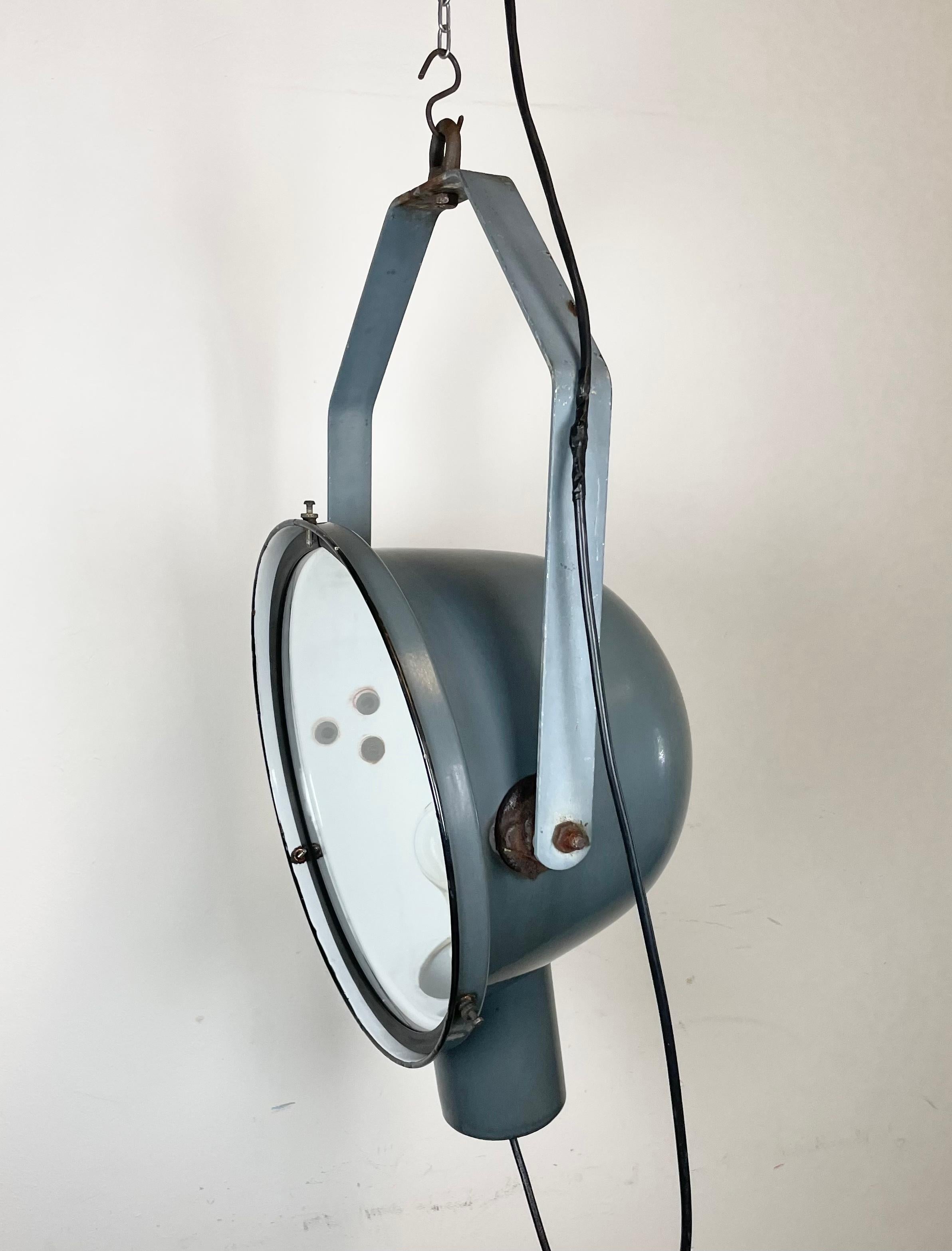 20th Century Industrial Grey Enamel Factory Spotlight with Glass Cover, 1950s For Sale