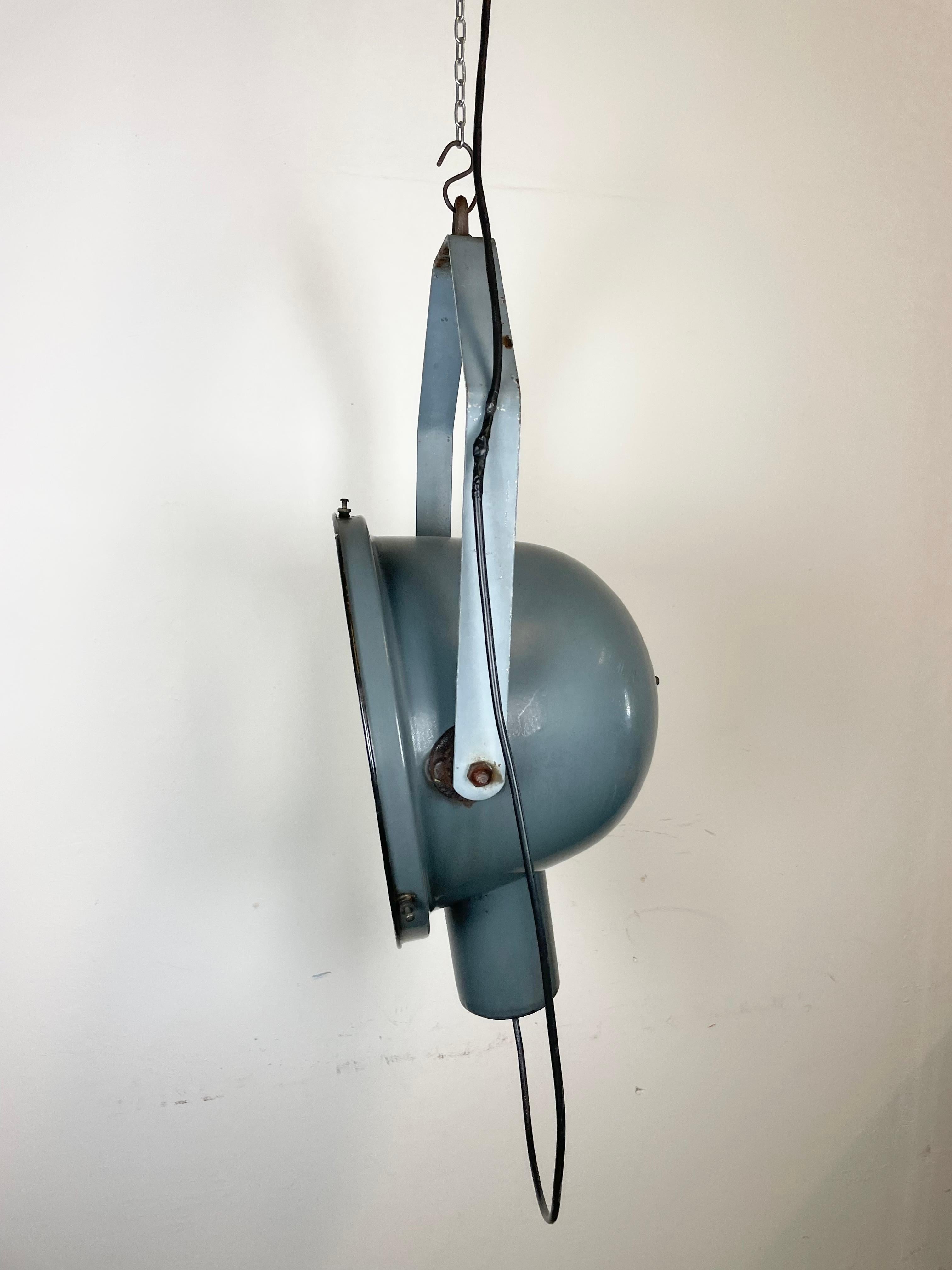 Iron Industrial Grey Enamel Factory Spotlight with Glass Cover, 1950s For Sale