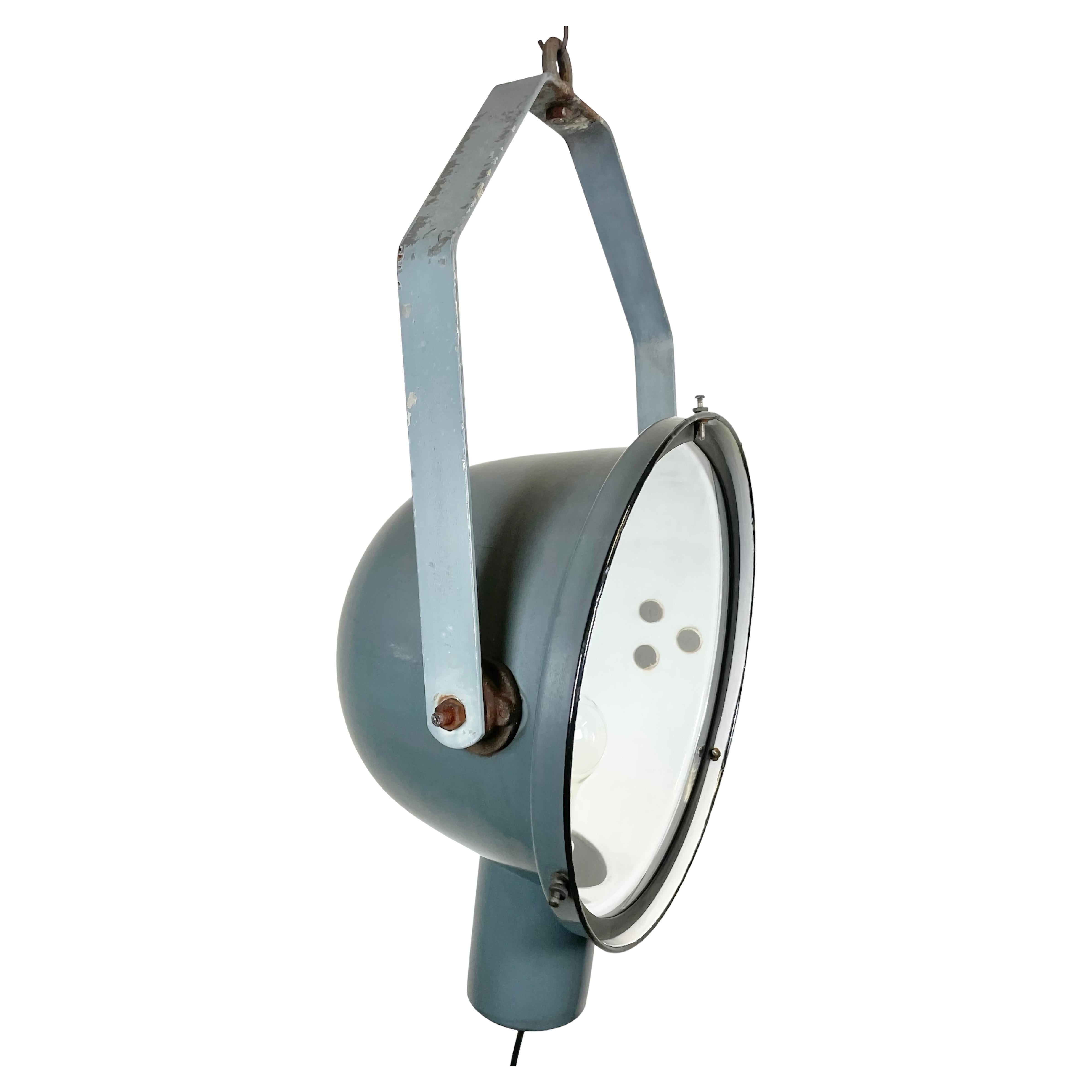 Industrial Grey Enamel Factory Spotlight with Glass Cover, 1950s For Sale