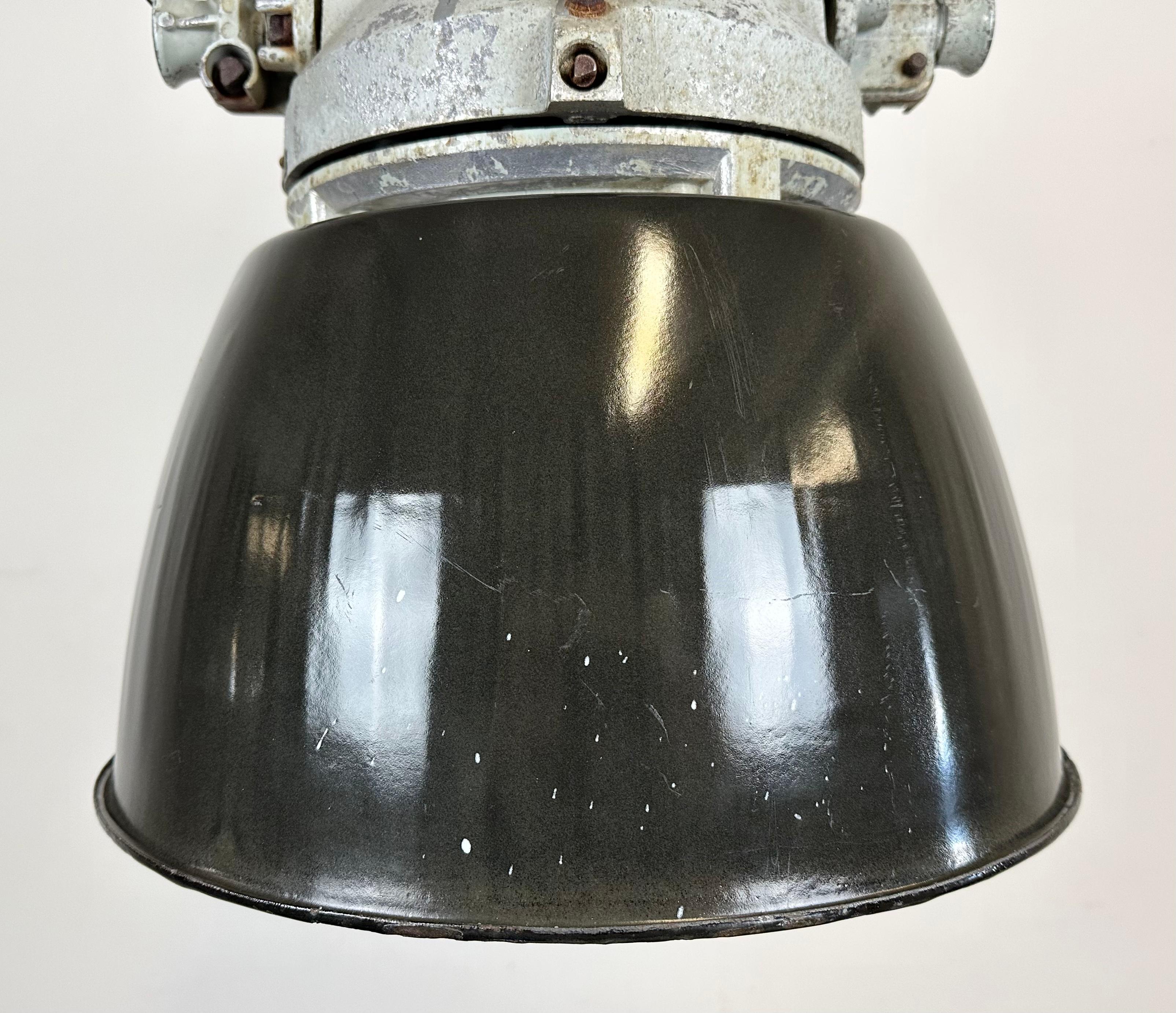 Late 20th Century Industrial Grey Explosion Proof Lamp with Black Enameled Shade, 1970s For Sale