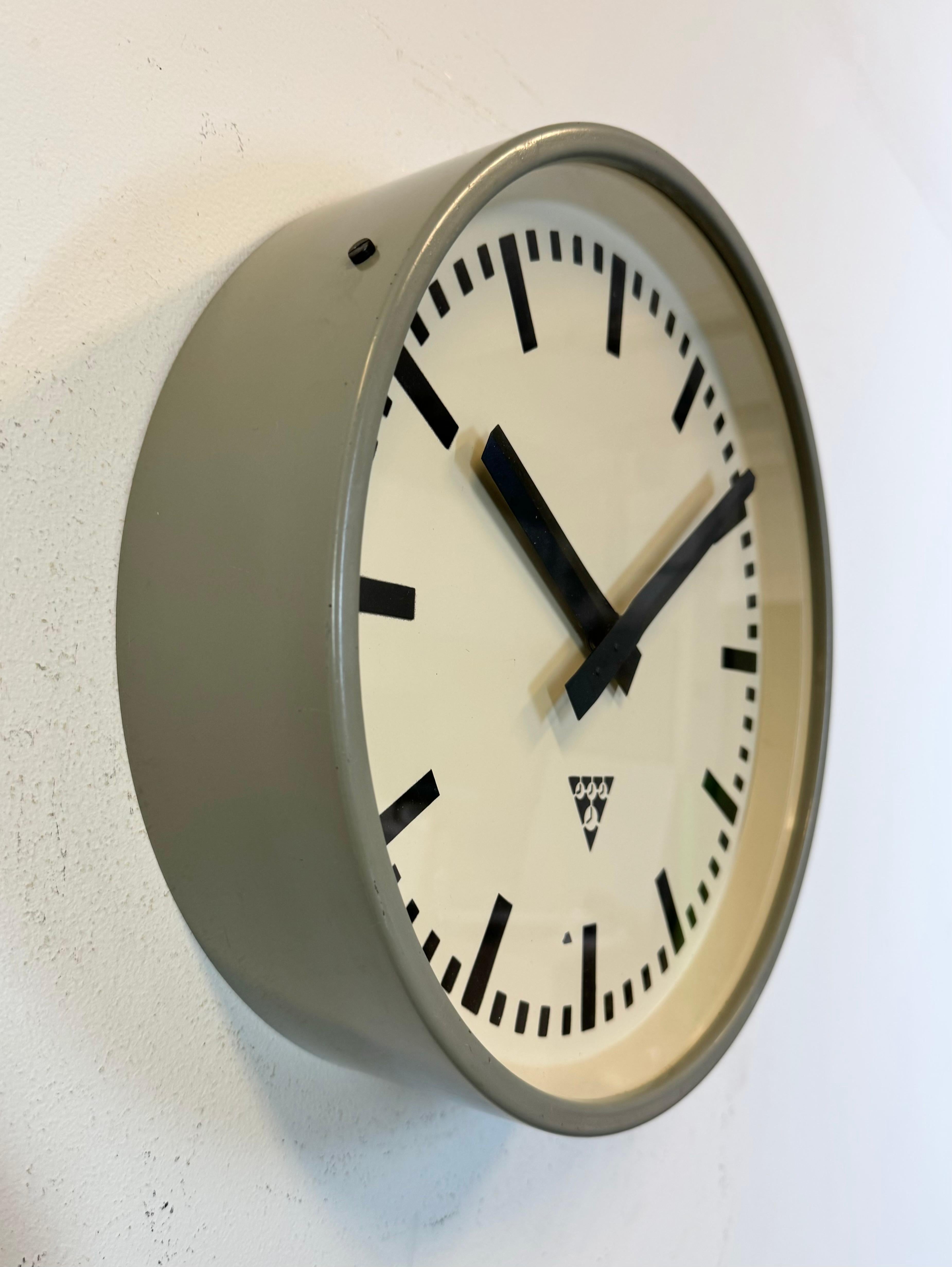 20th Century Industrial Grey Factory Wall Clock from Pragotron, 1960s