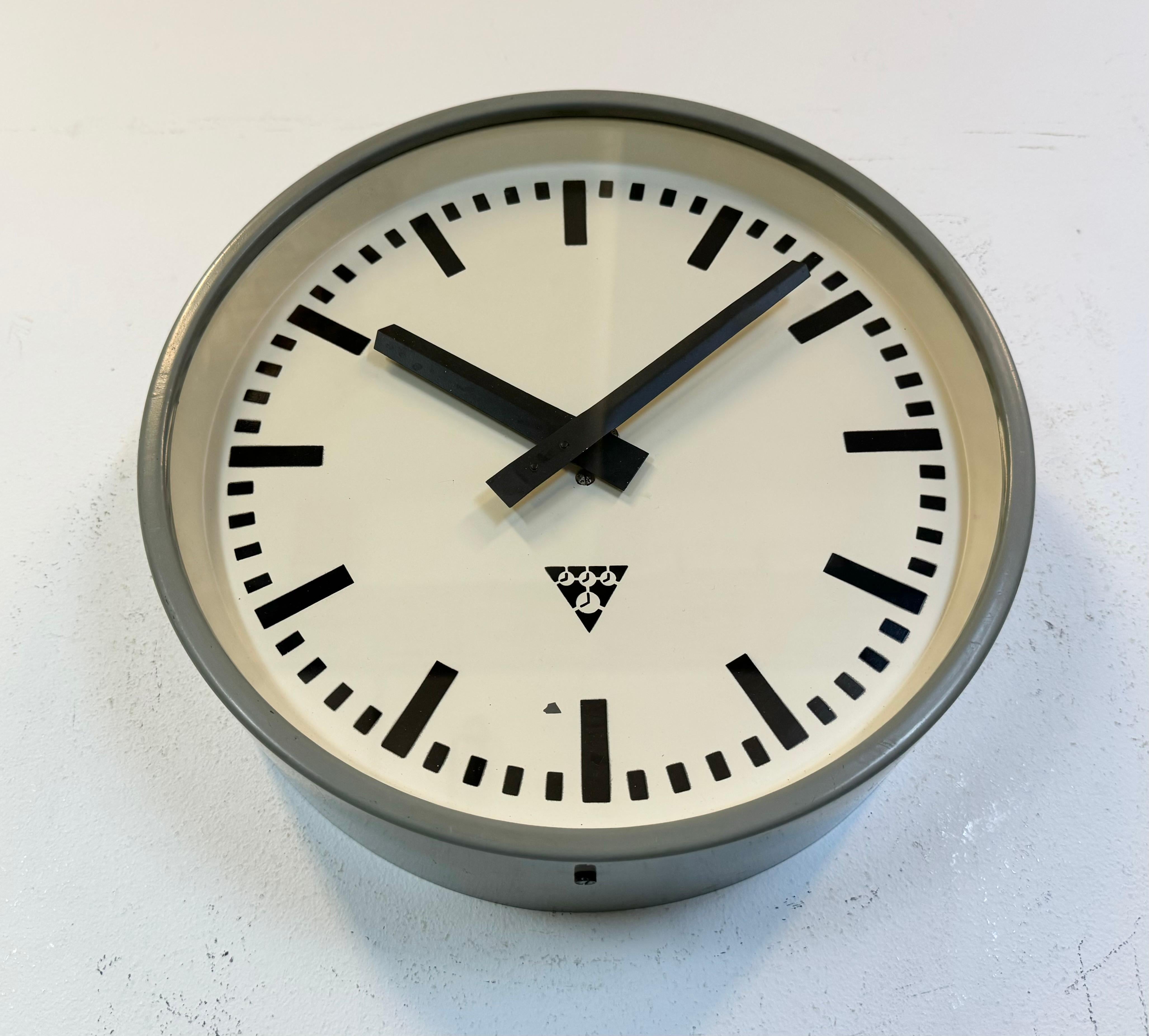 Industrial Grey Factory Wall Clock from Pragotron, 1960s 1