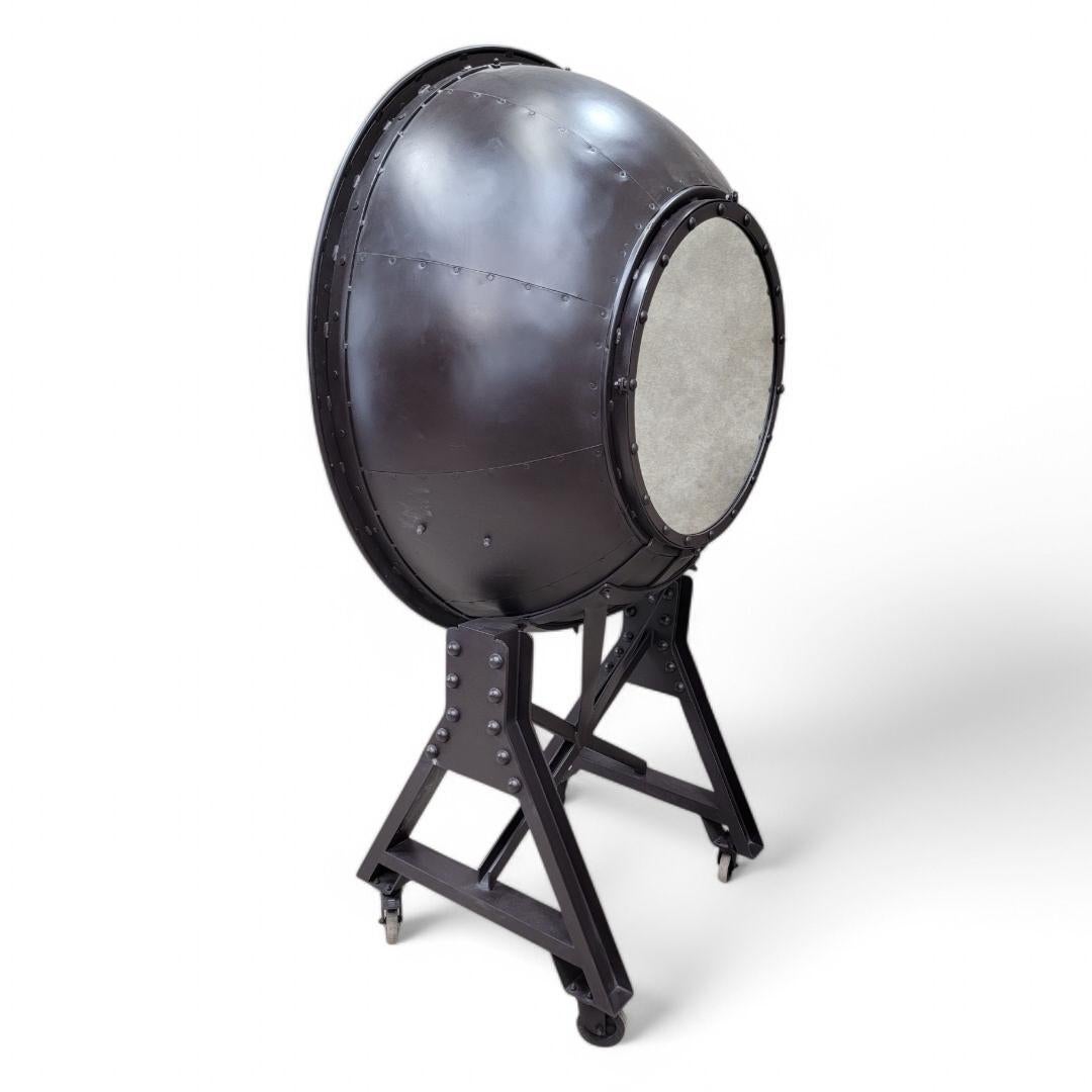 Cast Industrial Hand Forged Iron 2 Glass Door Cannonball Bar Cabinet For Sale
