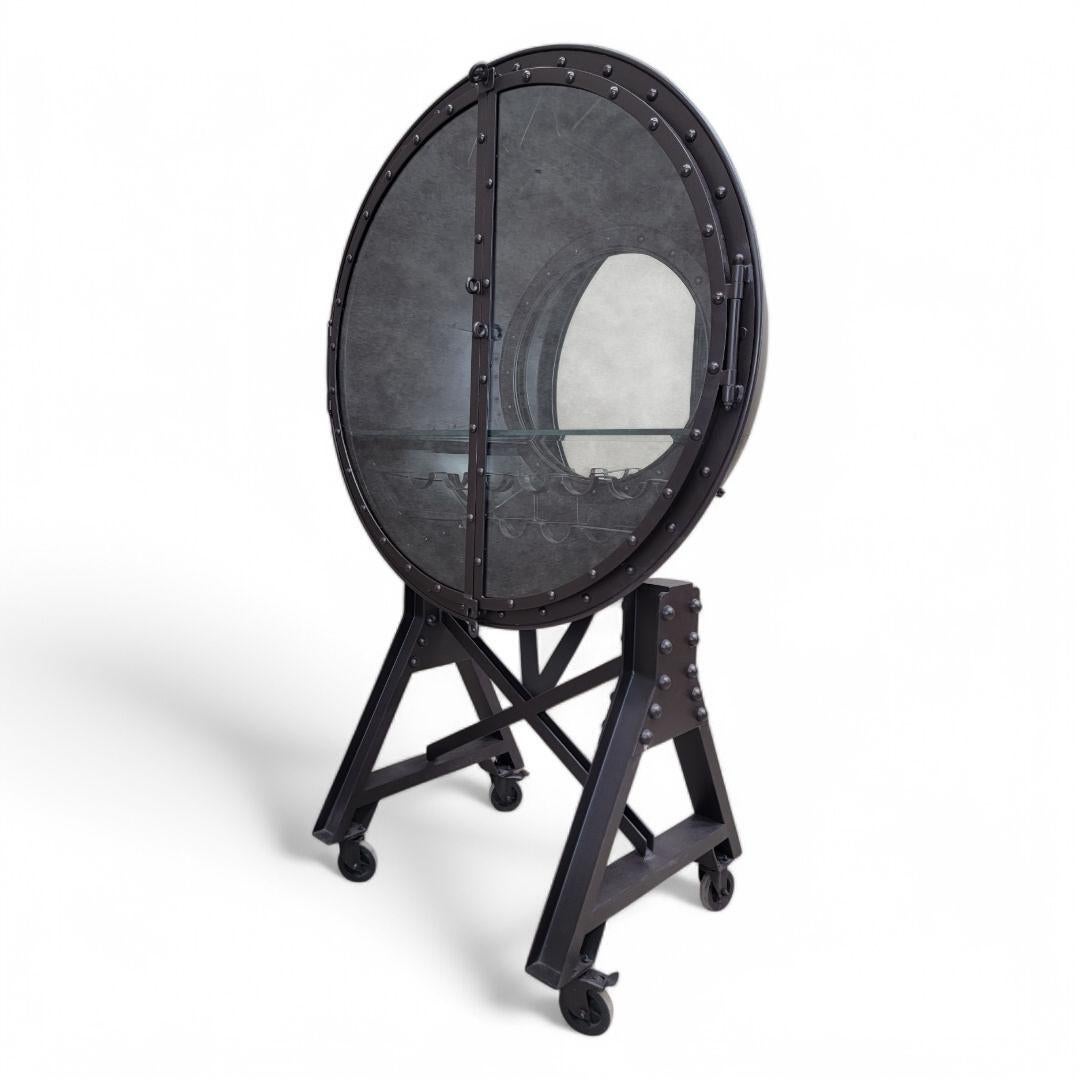 Industrial Hand Forged Iron 2 Glass Door Cannonball Bar Cabinet For Sale 2