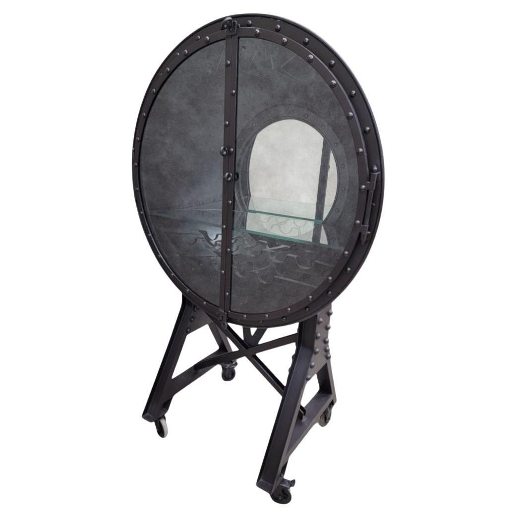 Industrial Hand Forged Iron 2 Glass Door Cannonball Bar Cabinet For Sale