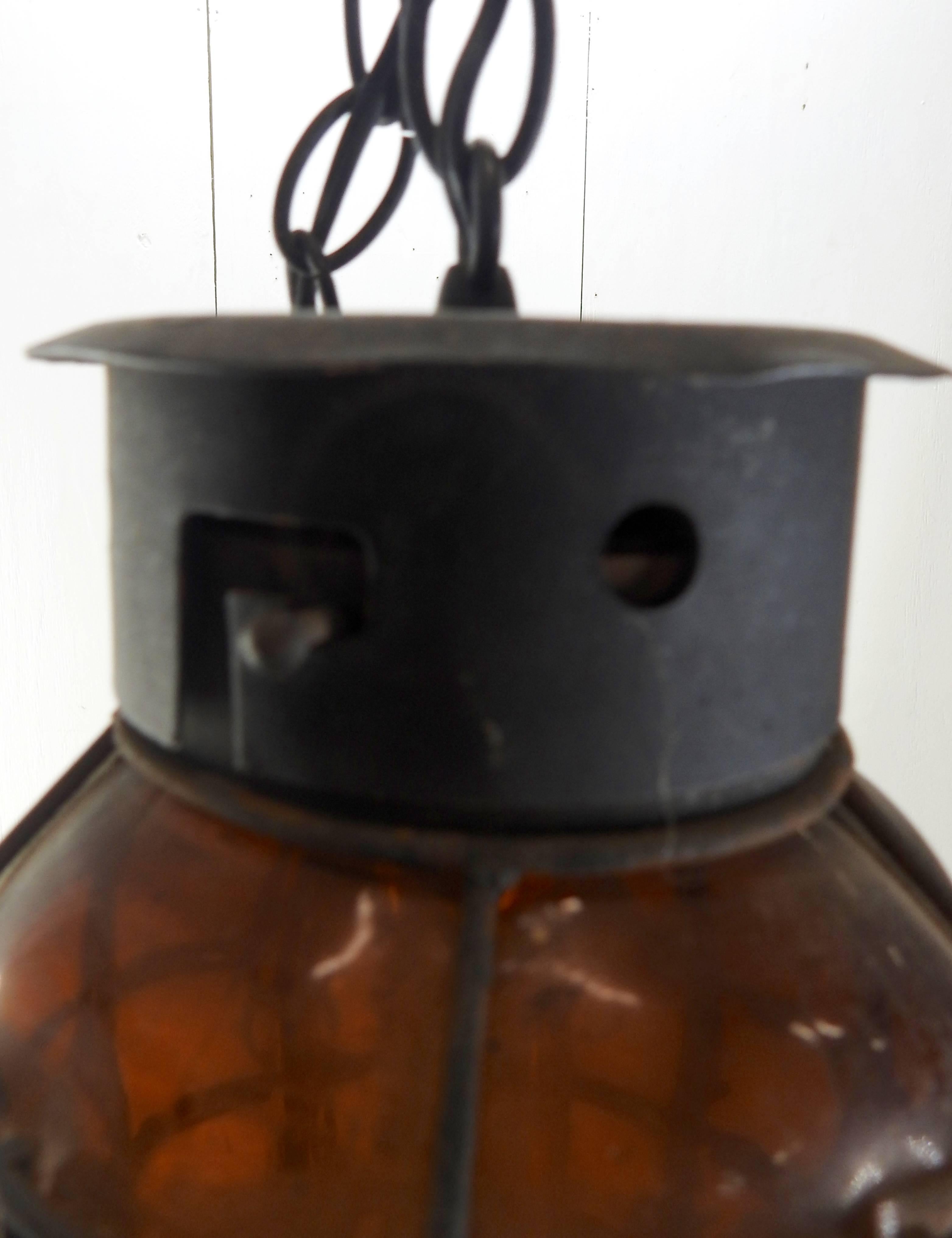 Industrial Hanging Amber Bubble Glass Pendant In Distressed Condition For Sale In Cookeville, TN