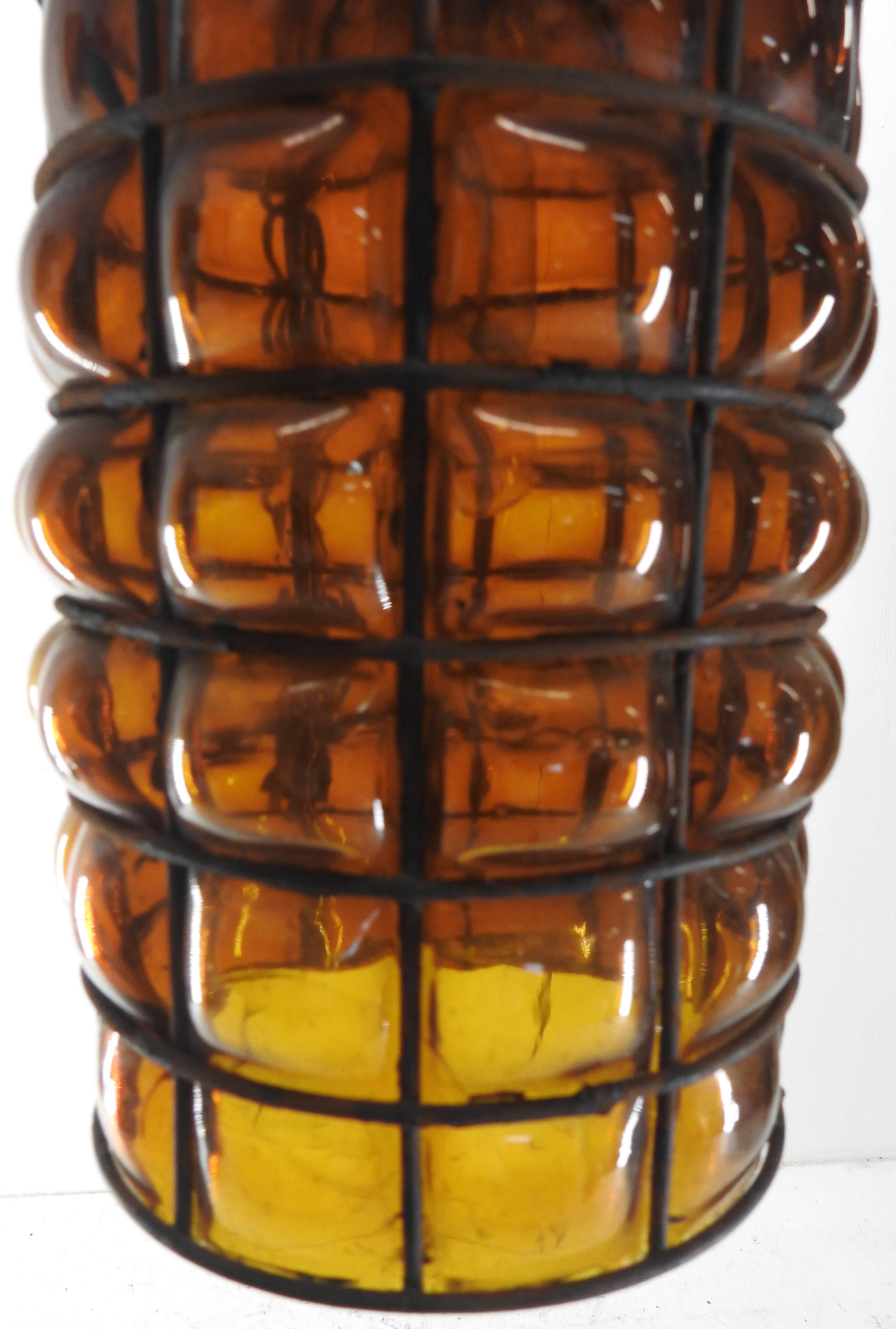 20th Century Industrial Hanging Amber Bubble Glass Pendant For Sale