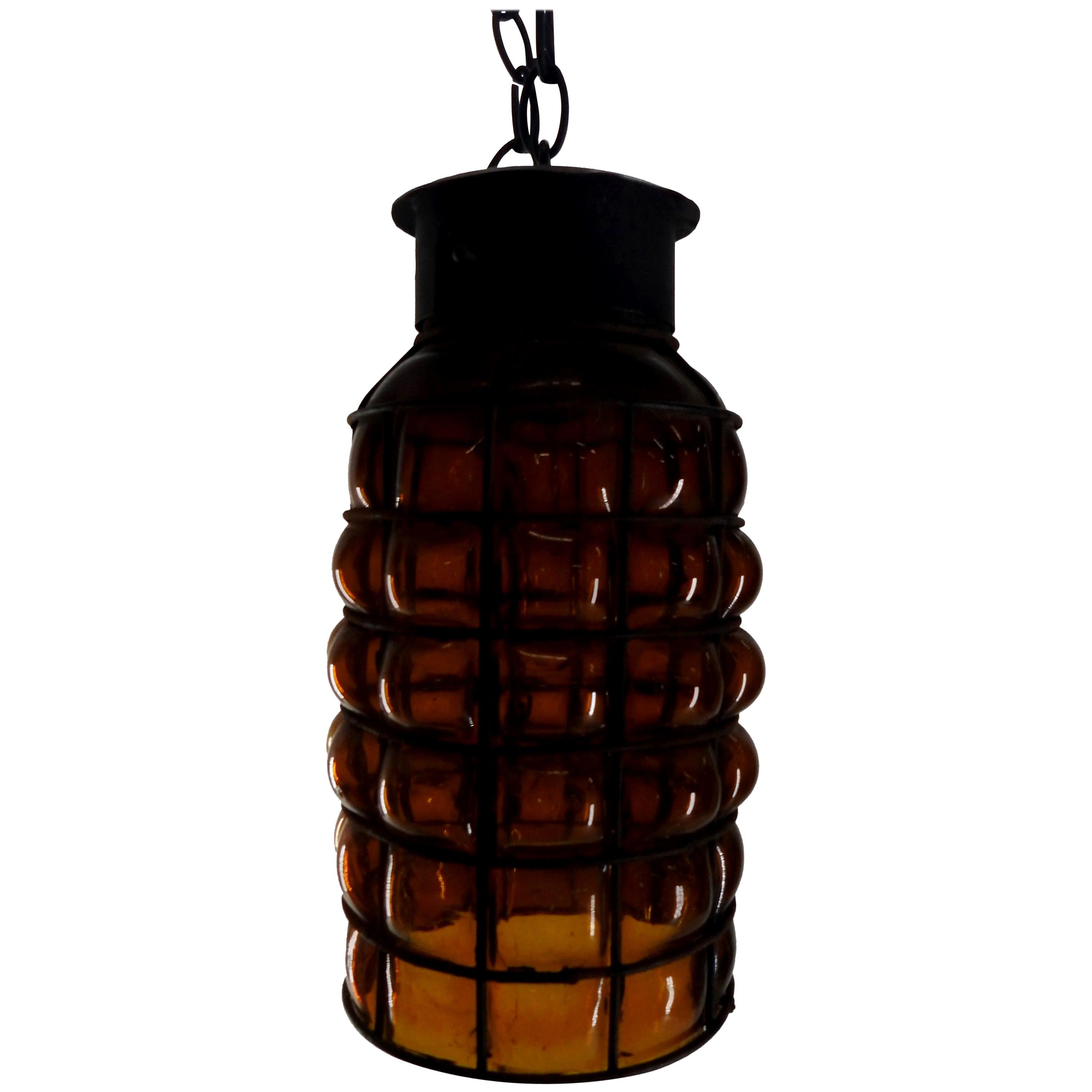 Industrial Hanging Amber Bubble Glass Pendant For Sale