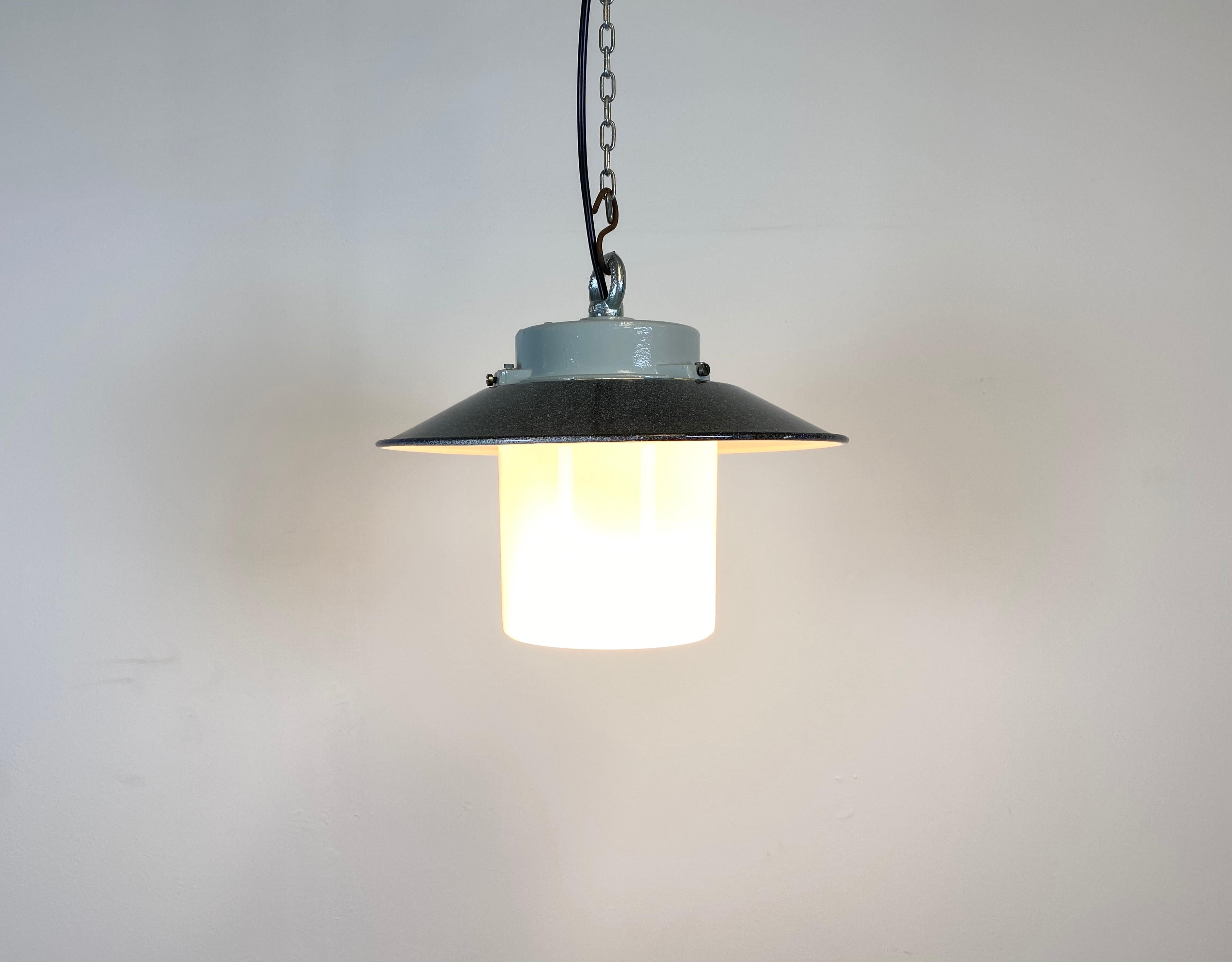 Cast Industrial Hanging Lamp with Milk Glass, 1970s For Sale