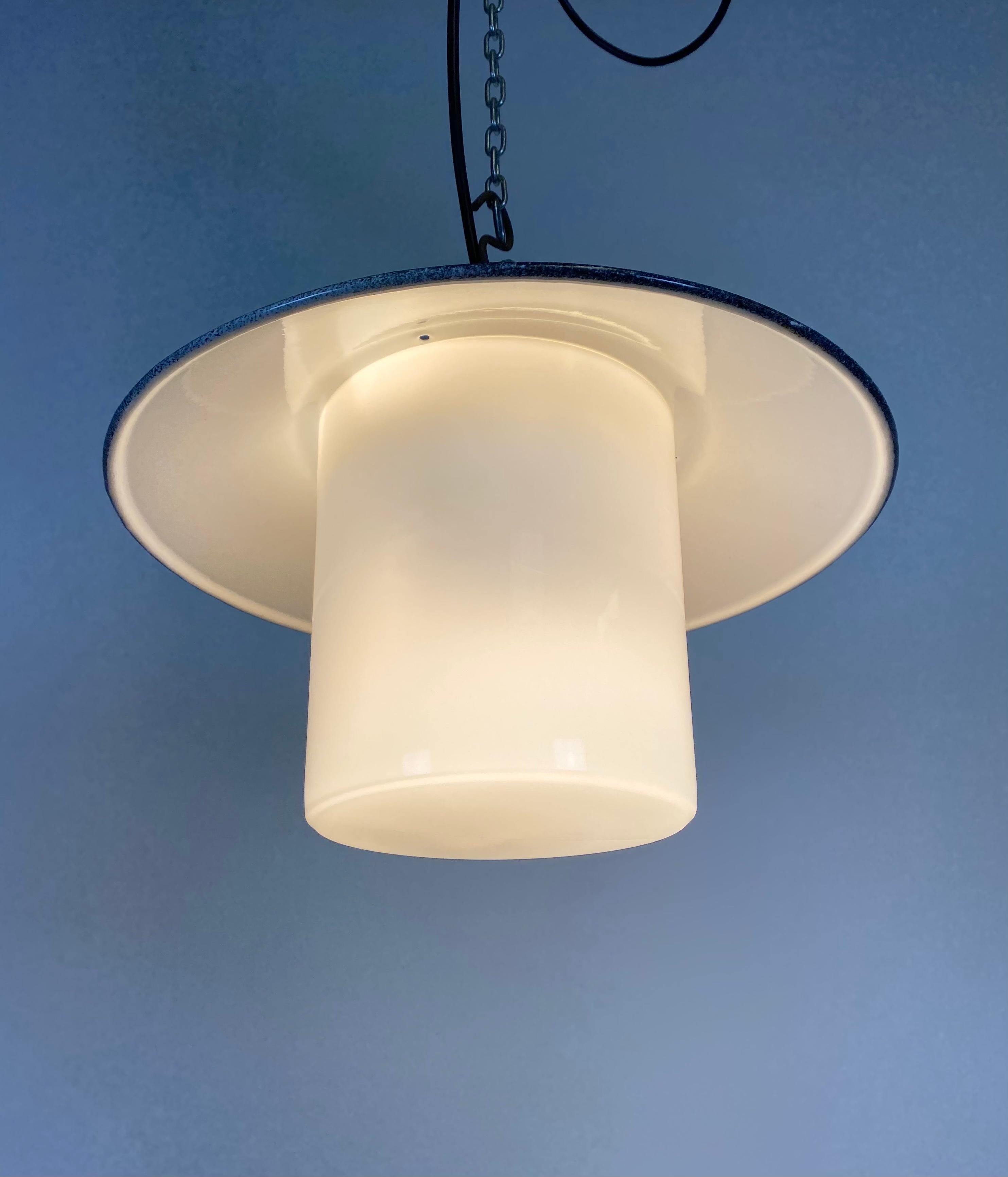 Industrial Hanging Lamp with Milk Glass, 1970s In Good Condition For Sale In Kojetice, CZ