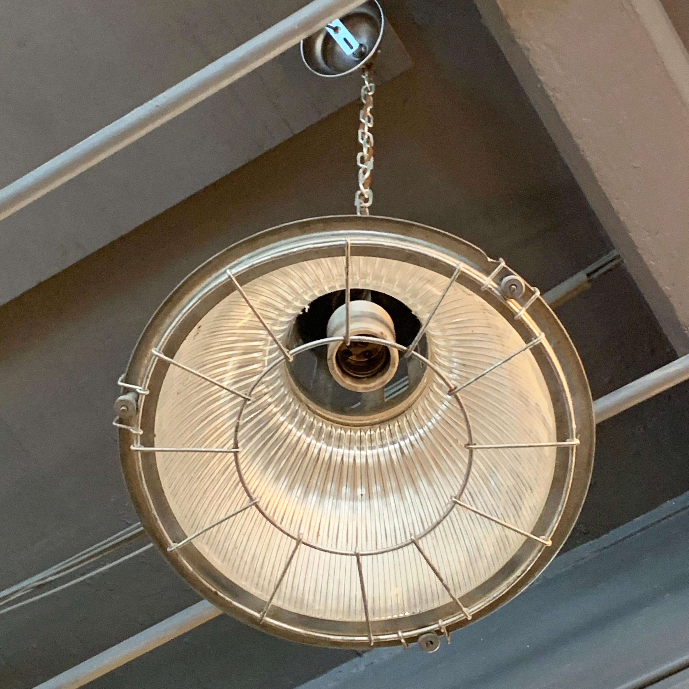 Industrial Holophane Caged Factory Pendant Light In Good Condition In Brooklyn, NY