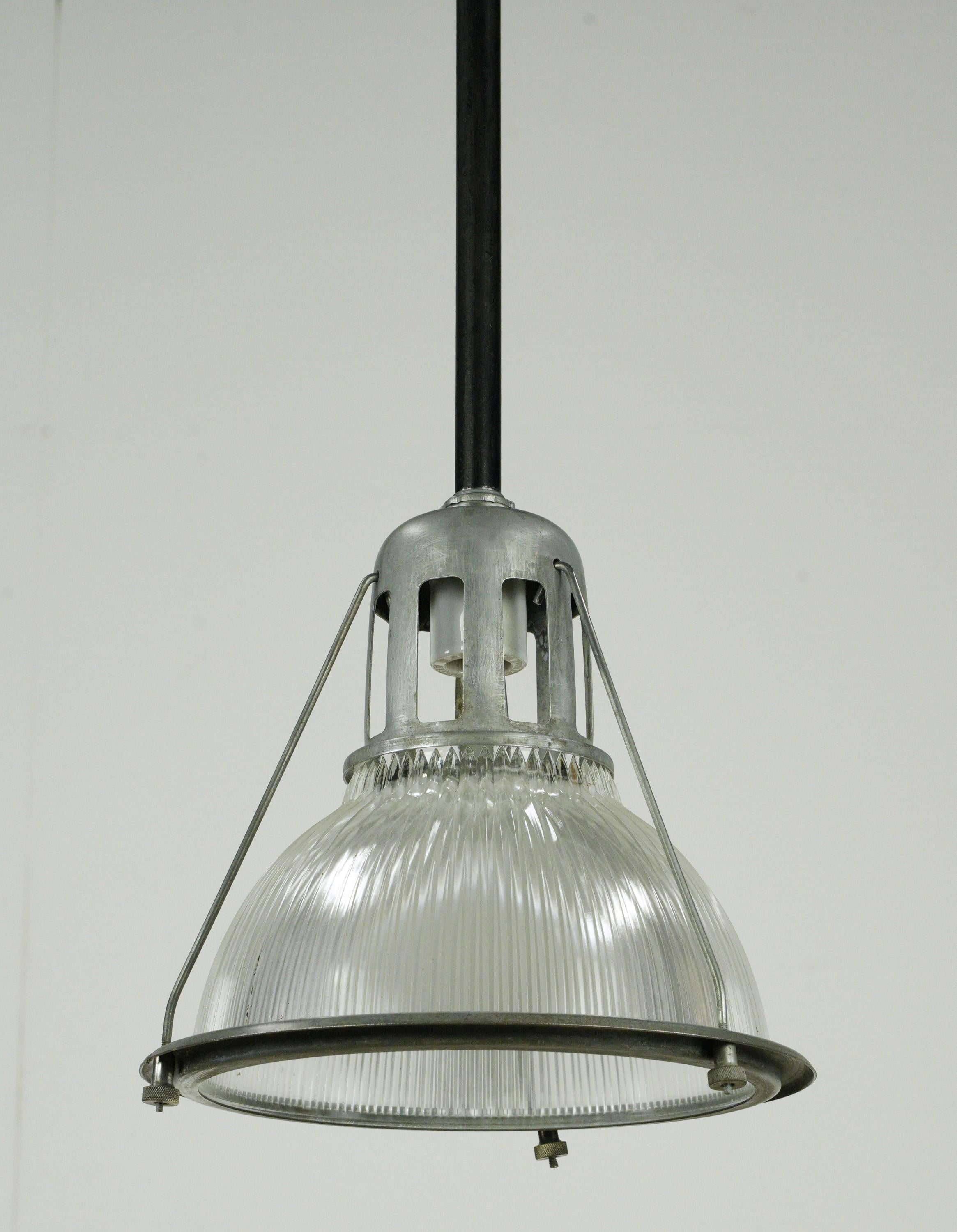 American Industrial Holophane Glass Steel Pendant Light Qty Available For Sale