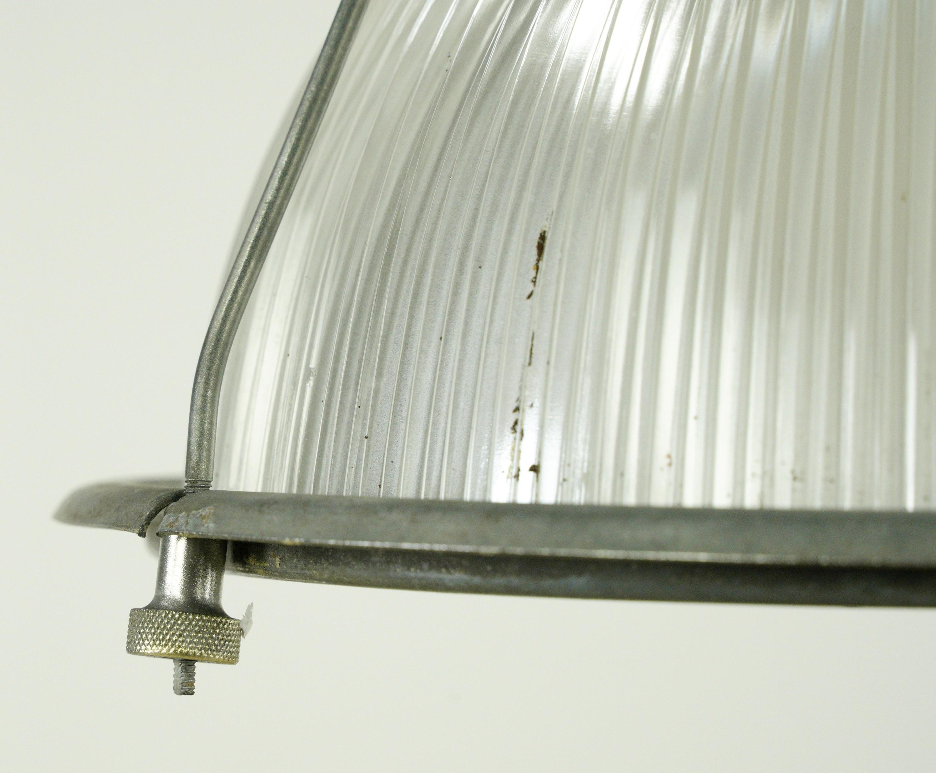 Industrial Holophane Glass Steel Pendant Light Qty Available In Good Condition For Sale In New York, NY