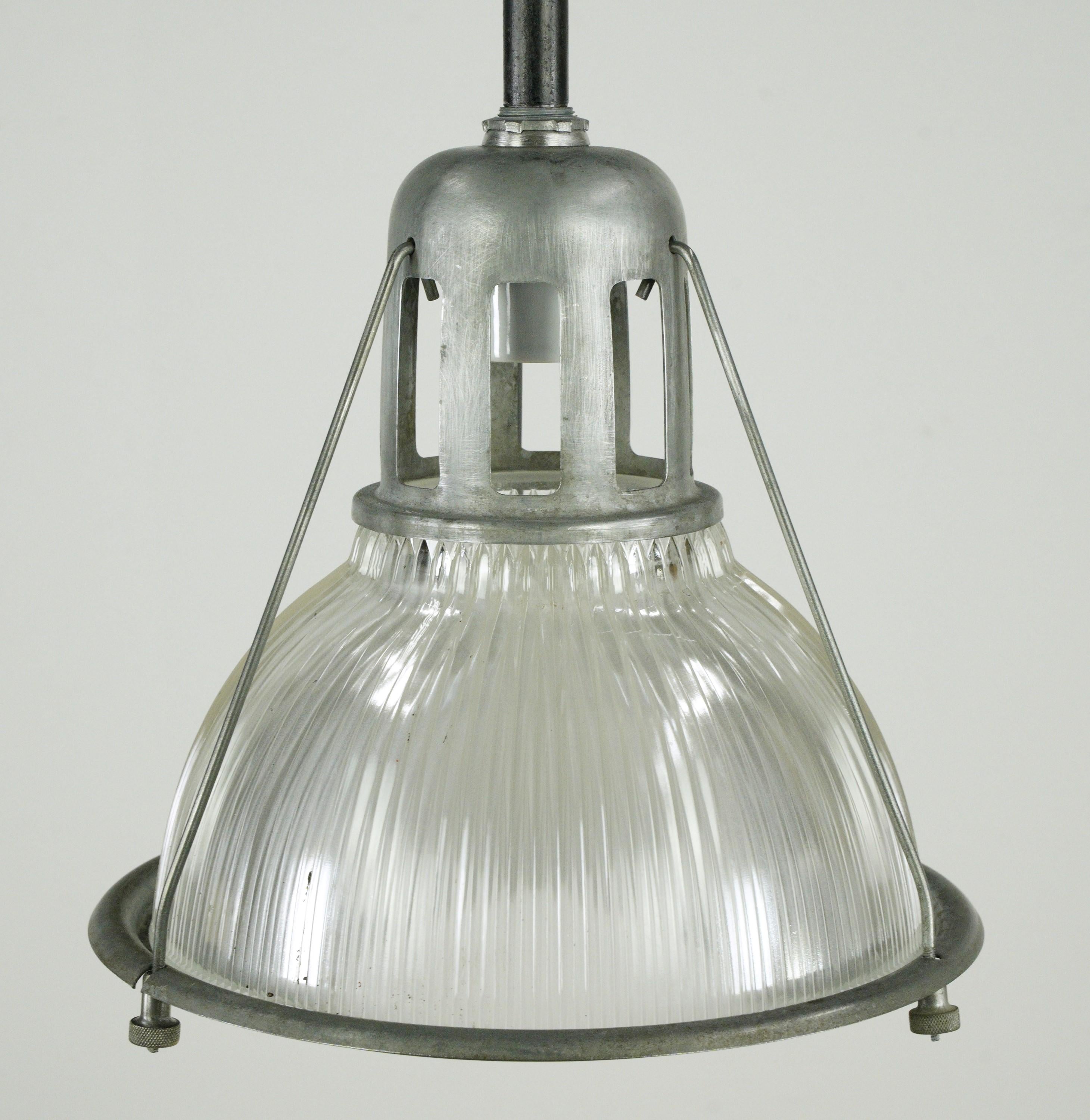 20th Century Industrial Holophane Glass Steel Pendant Light Qty Available For Sale
