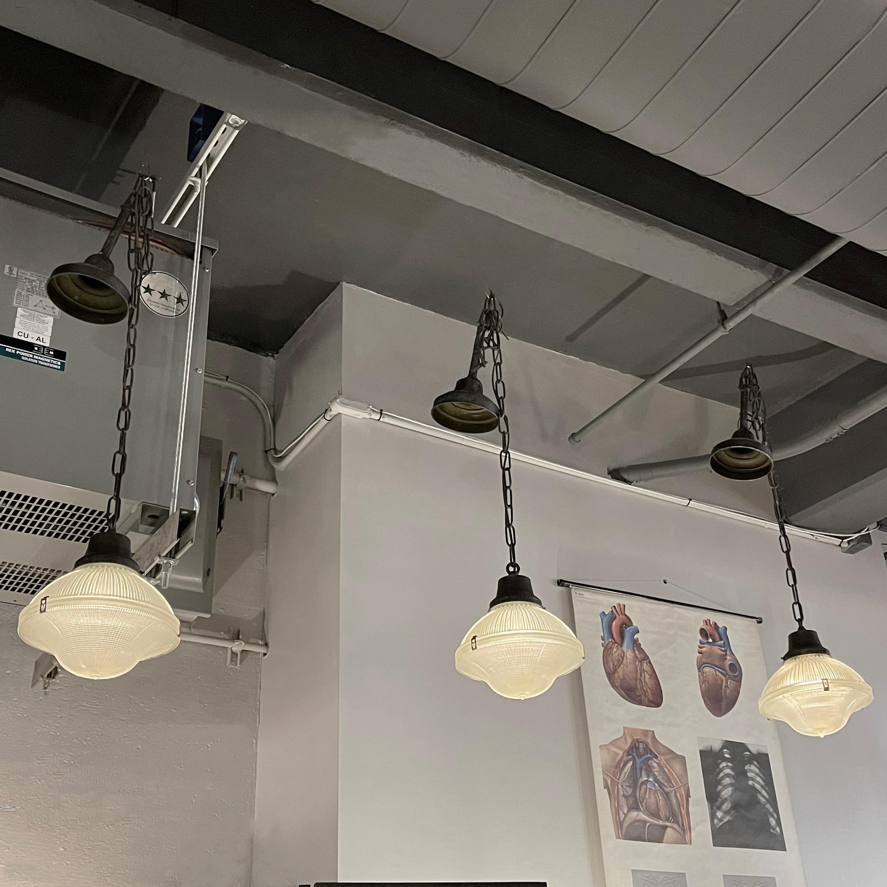 Industrial Holpophane Factory Pendant Lights In Good Condition In Brooklyn, NY