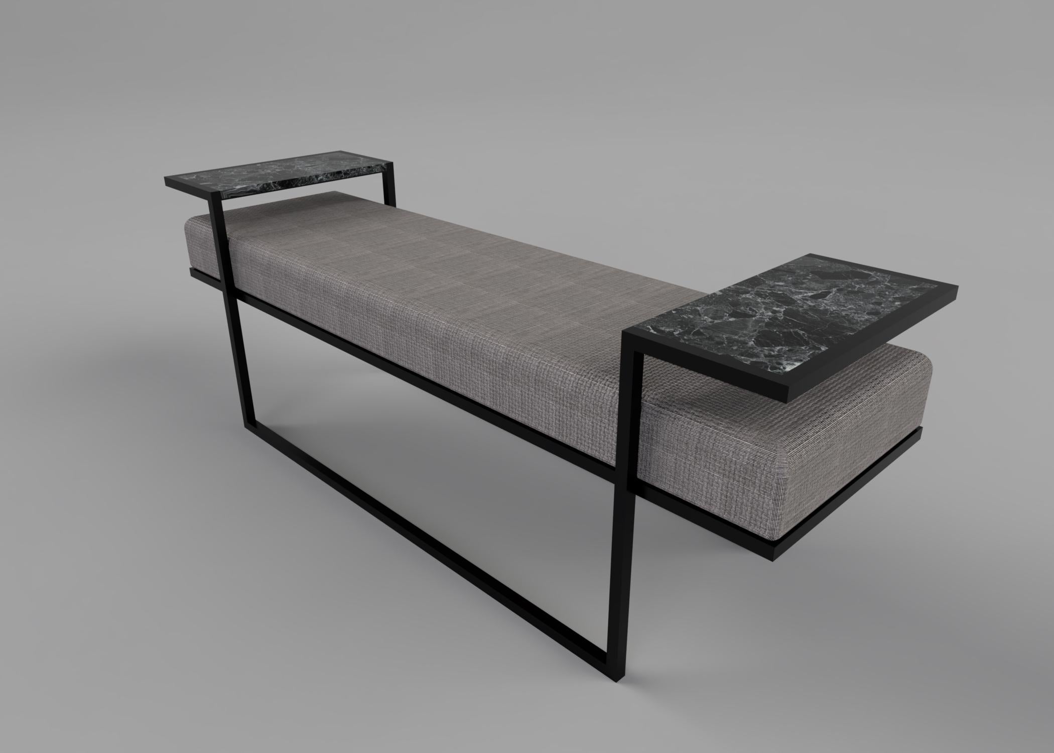 Contemporary Industrial Inspired Eros Bench in Antique Brass Plated with Marble Tray For Sale