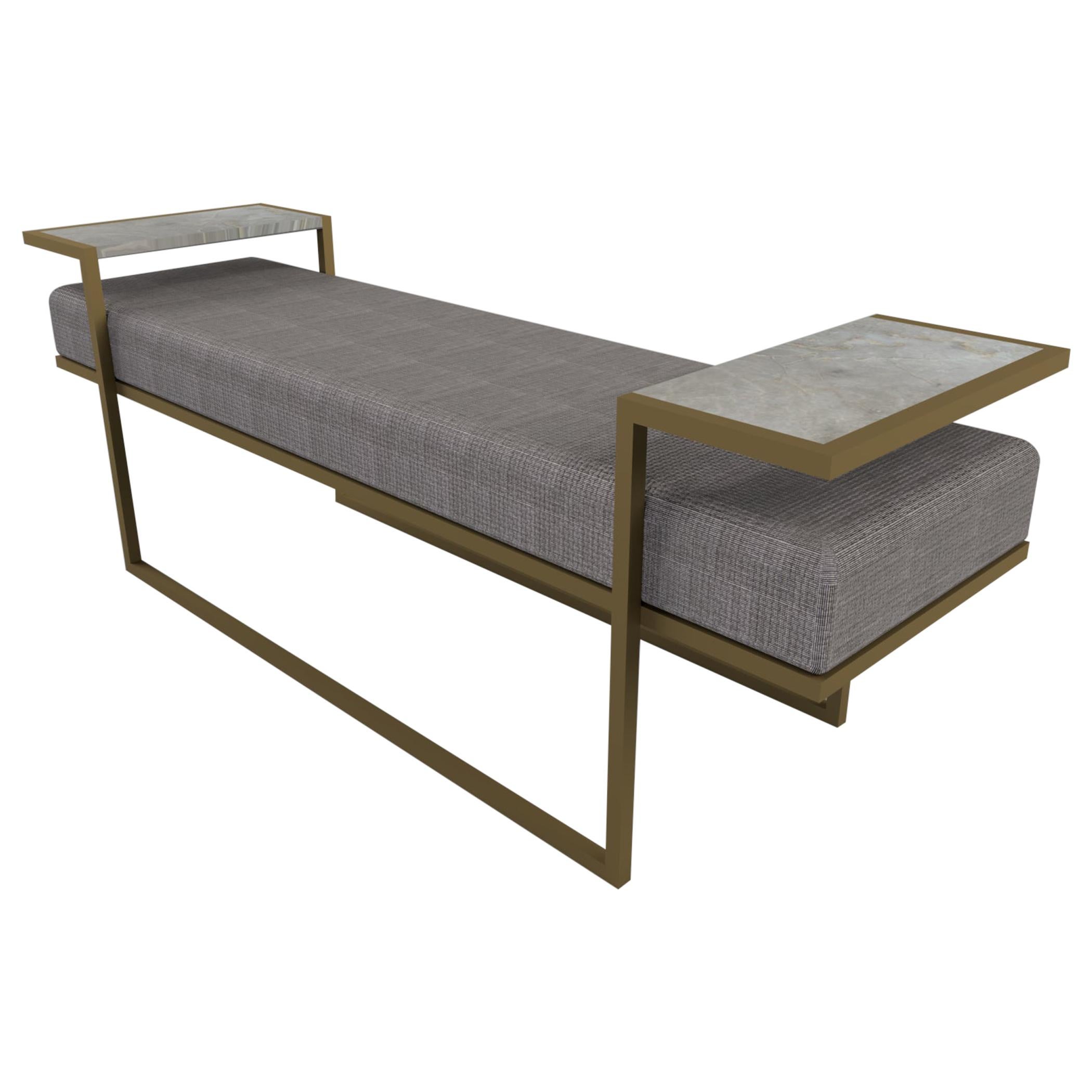 Industrial Inspired Eros Bench in Antique Brass Plated with Marble Tray For Sale