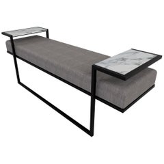 Industrial Inspired Eros Bench in Antique Brass with Arabescato Marble Tray