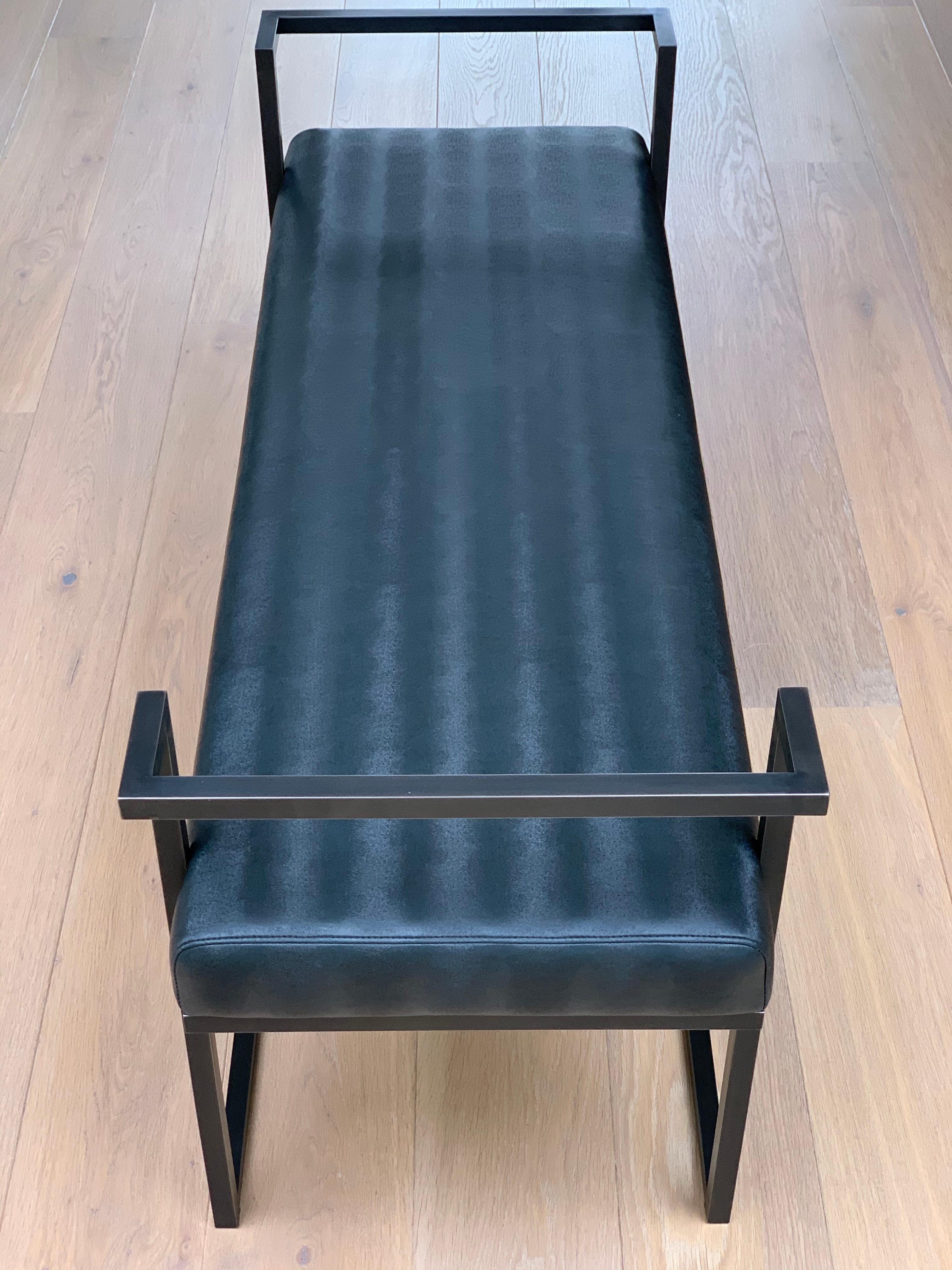 British Industrial Inspired Eros Bench in Blackened Steel and Black Pony Ultraleather For Sale