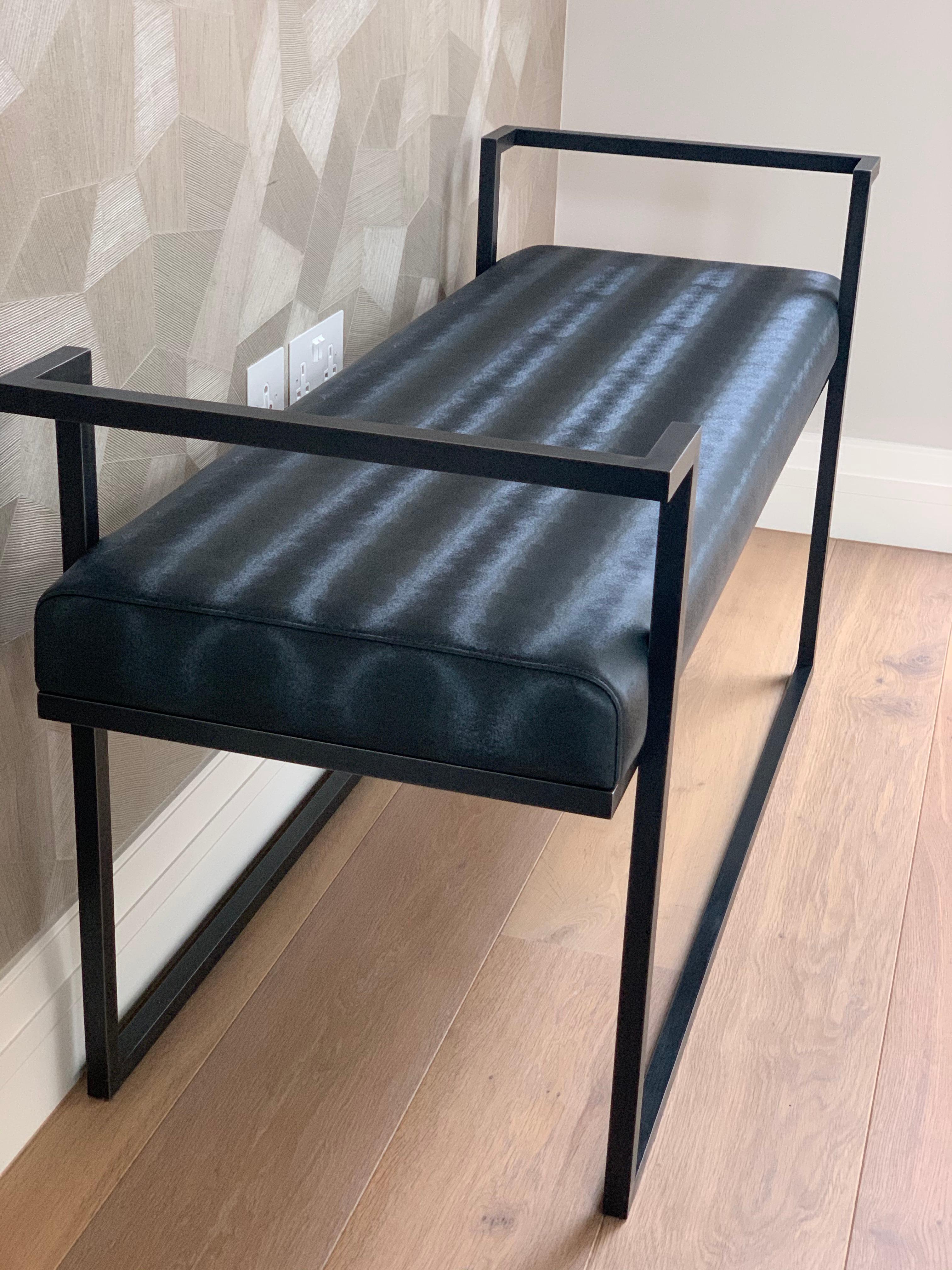 Contemporary Industrial Inspired Eros Bench in Blackened Steel and Black Pony Ultraleather For Sale
