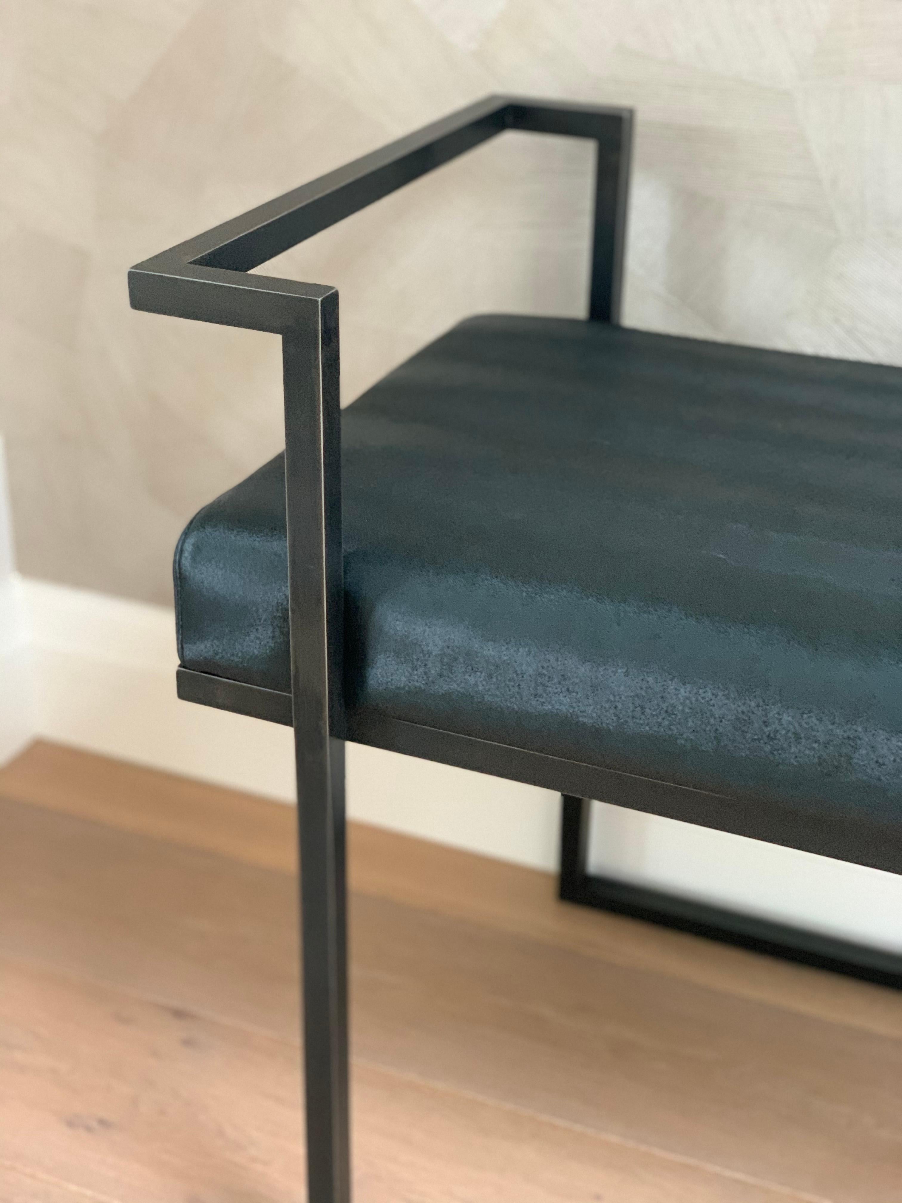 Bouclé Industrial Inspired Eros Bench in Blackened Steel and Black Pony Ultraleather For Sale