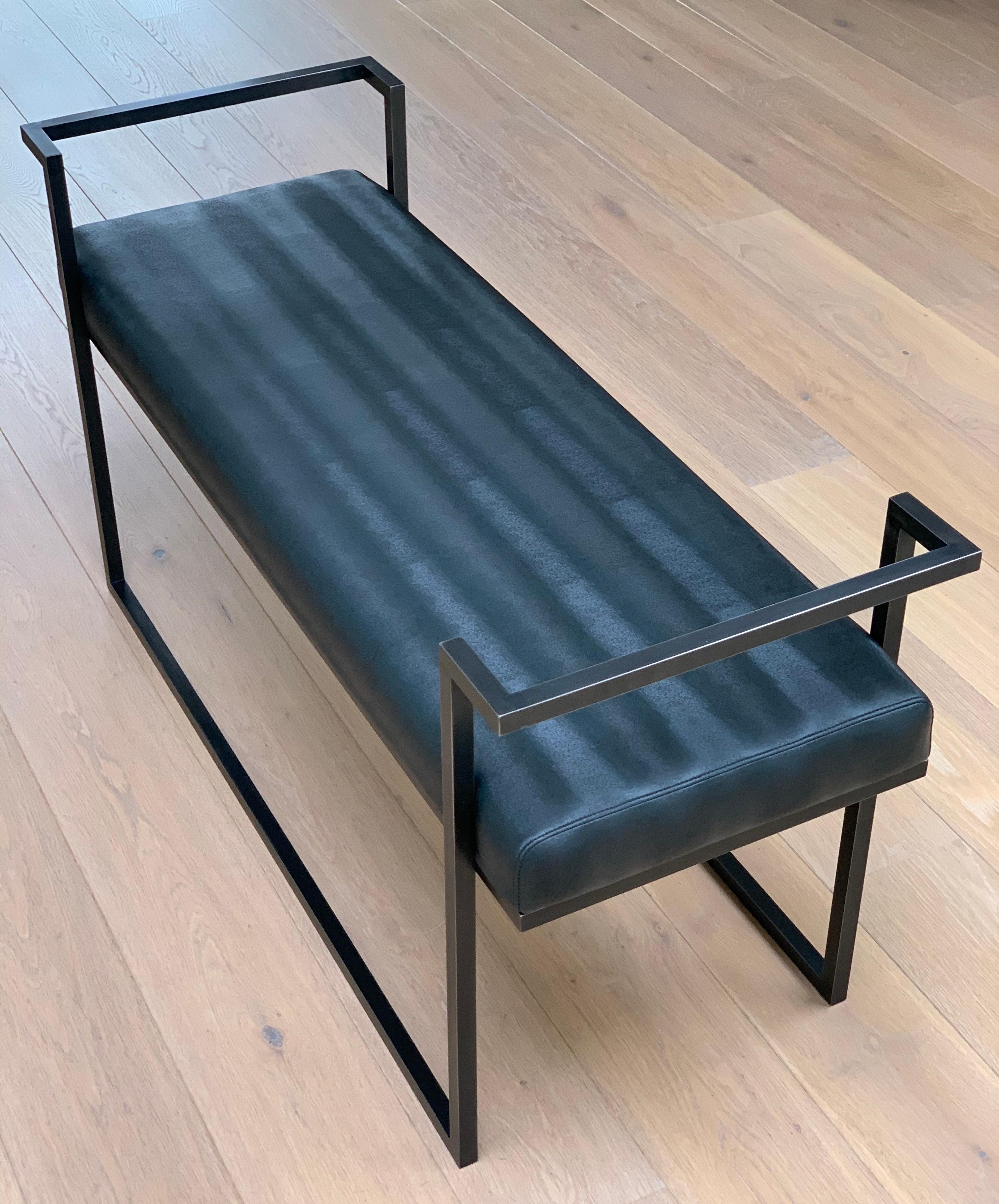 Industrial Inspired Eros Bench in Blackened Steel and Black Pony Ultraleather For Sale 2
