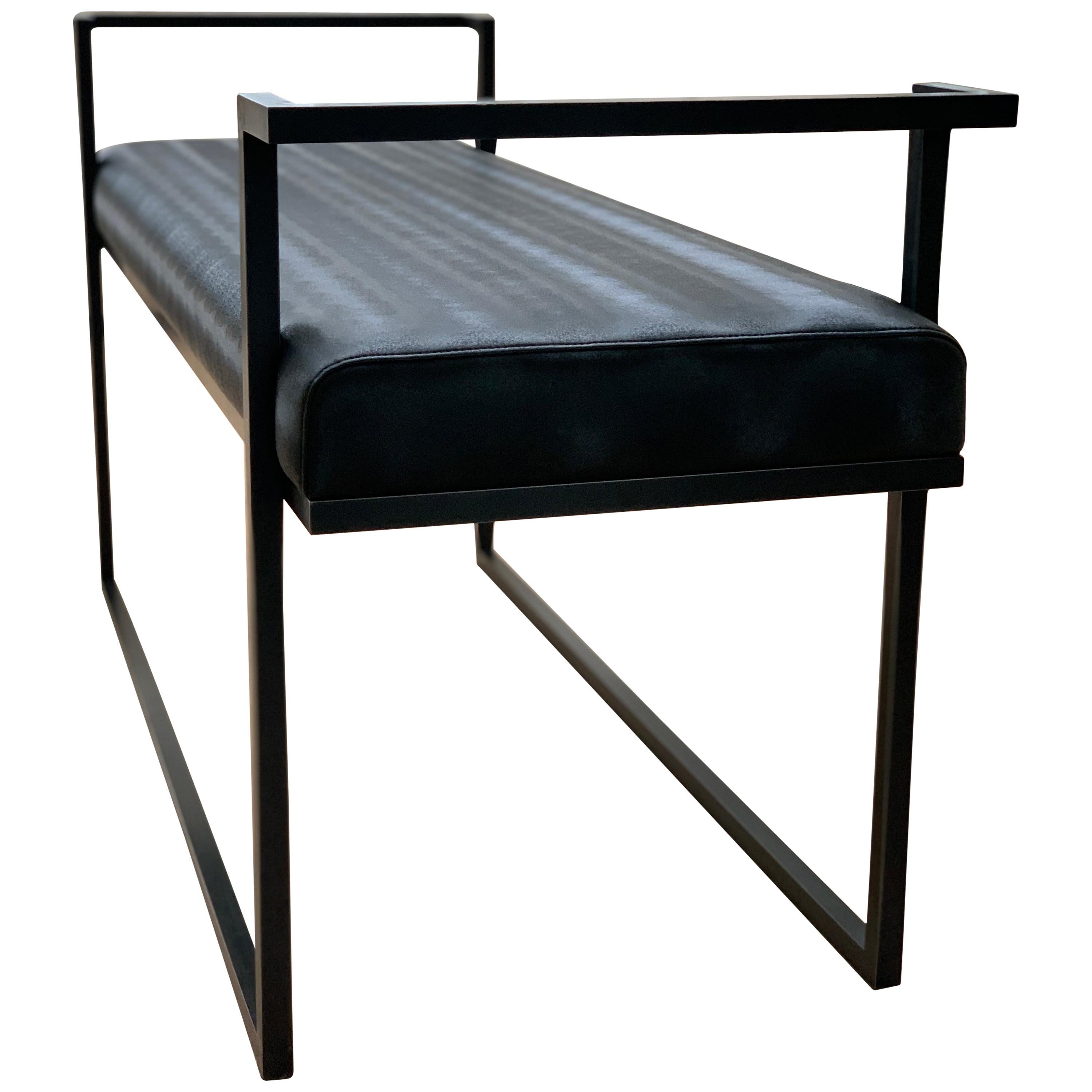 Industrial Inspired Eros Bench in Blackened Steel and Black Pony Ultraleather For Sale