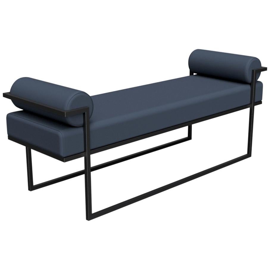 Industrial Inspired Eros Bench in Blackened Steel and Streaky Effect Fabric For Sale