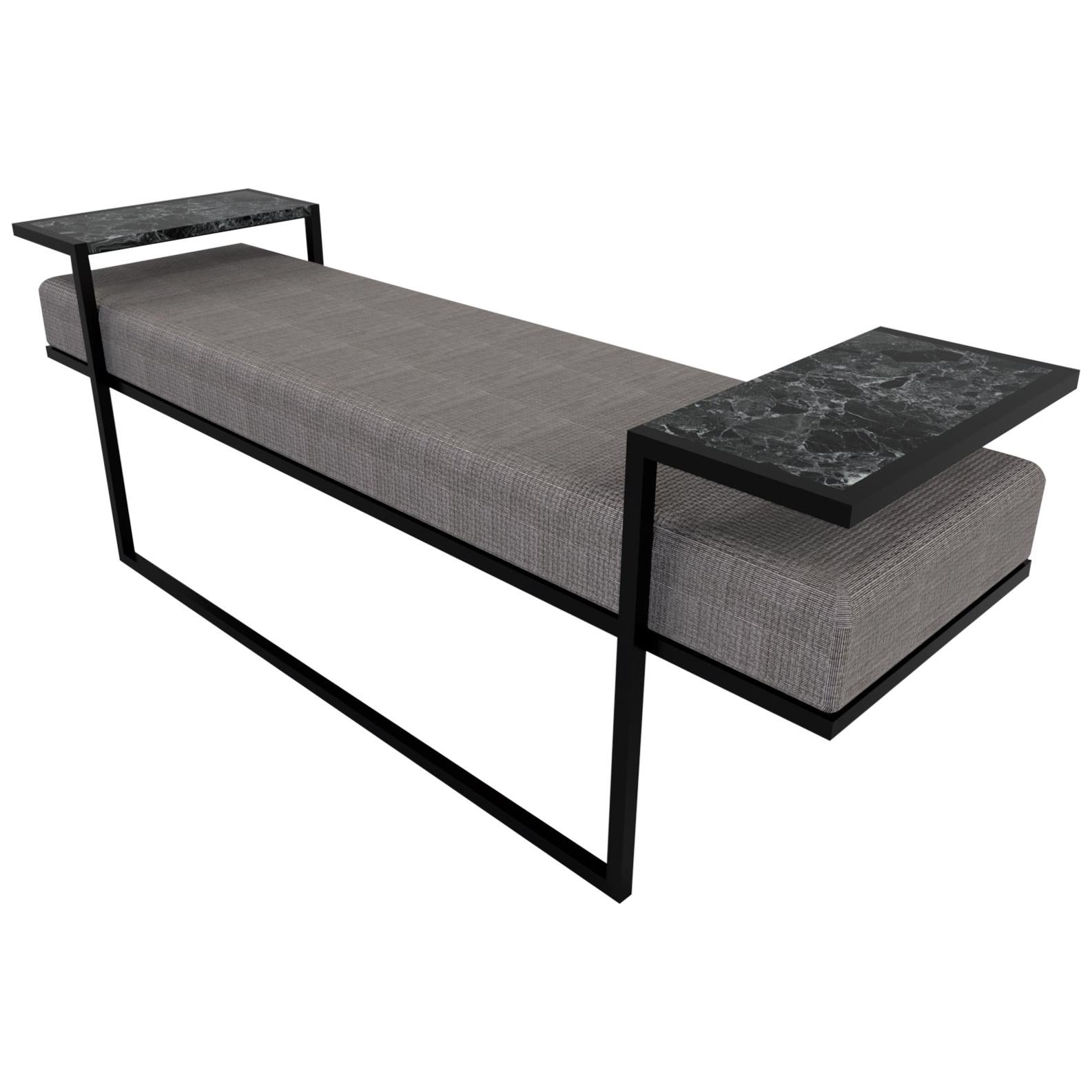 Industrial Inspired Eros Bench in Blackened Steel with Marble Tray For Sale