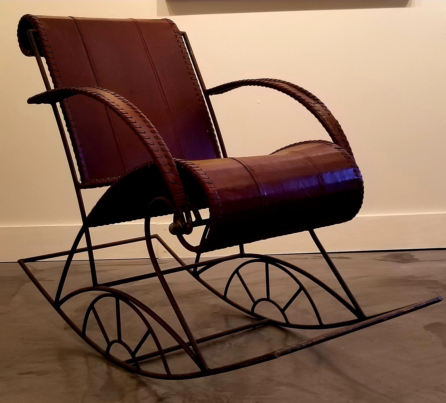 Industrial Iron and Leather Rocker For Sale 1