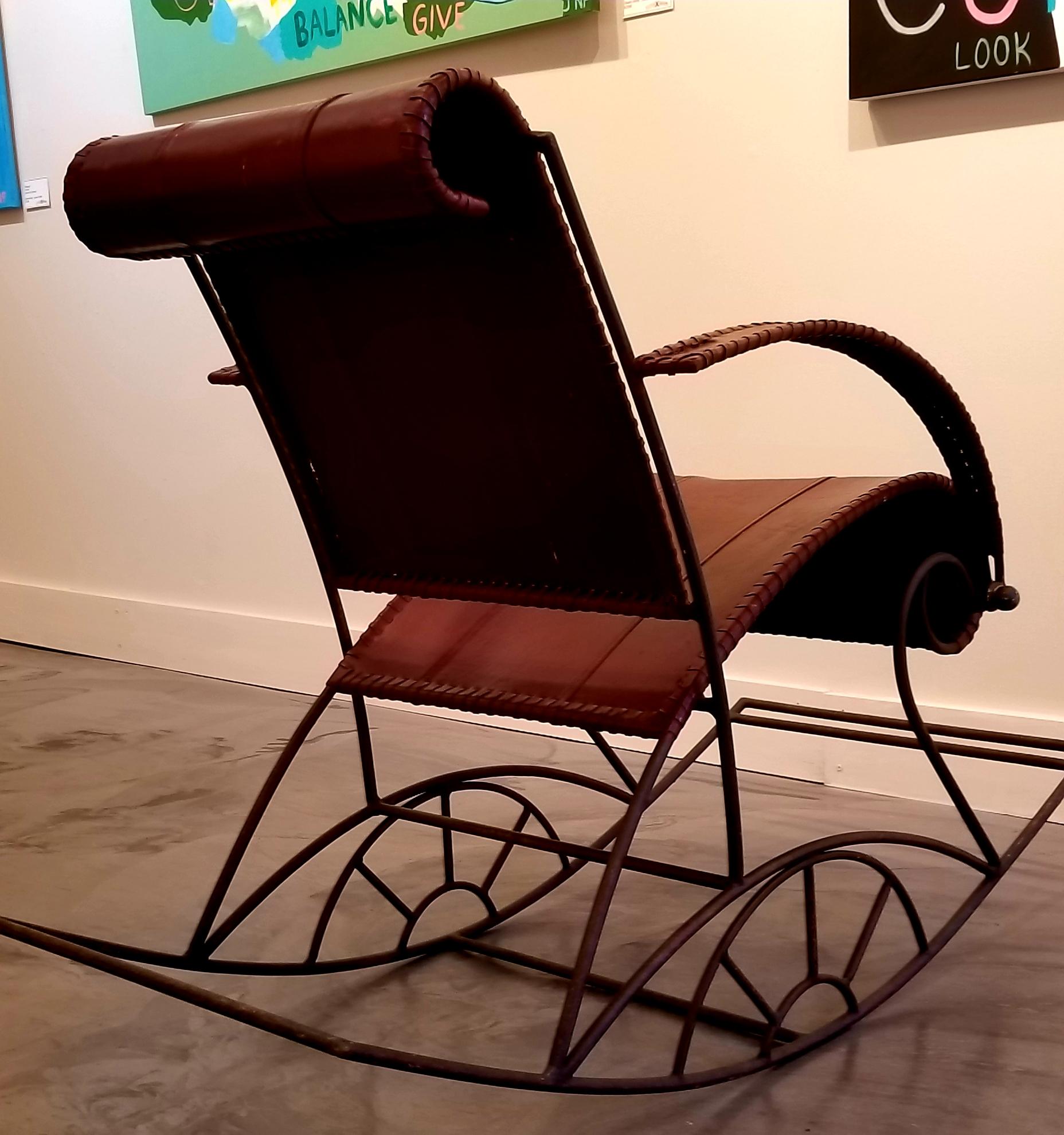 Industrial Iron and Leather Rocker For Sale 2