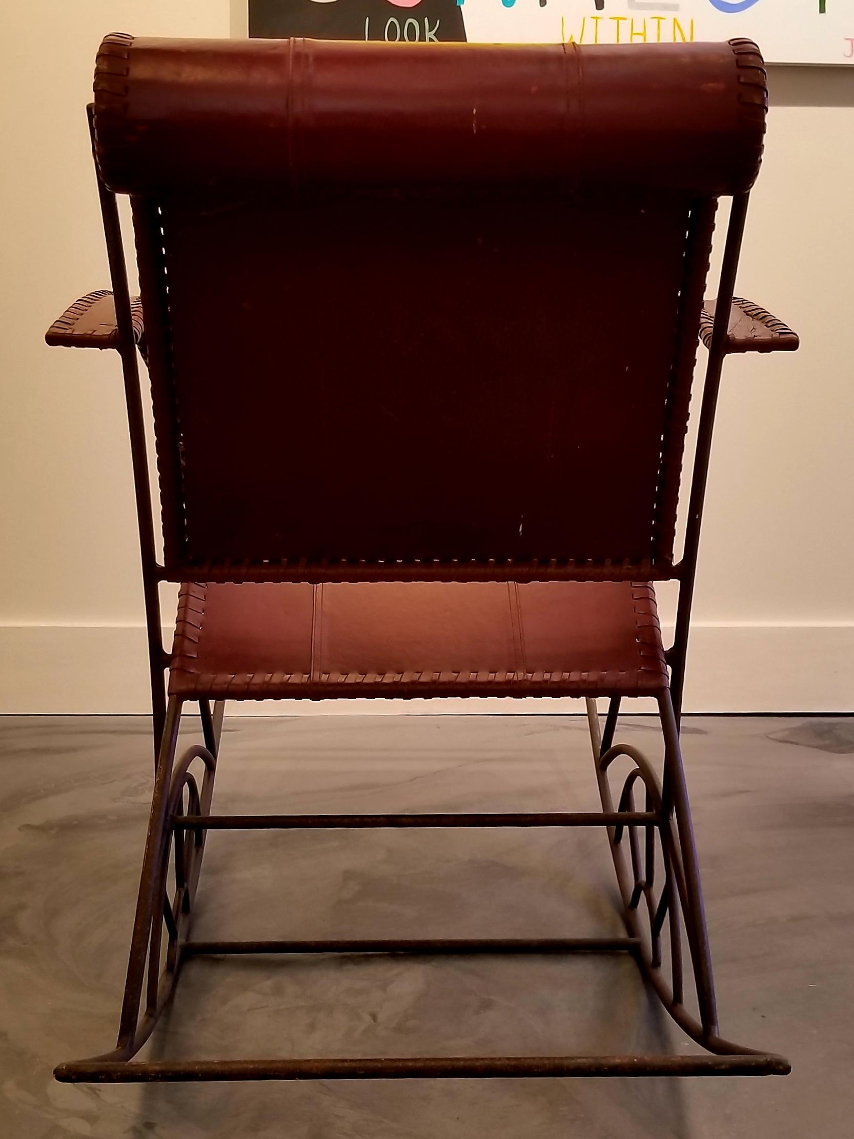 Industrial Iron and Leather Rocker For Sale 3