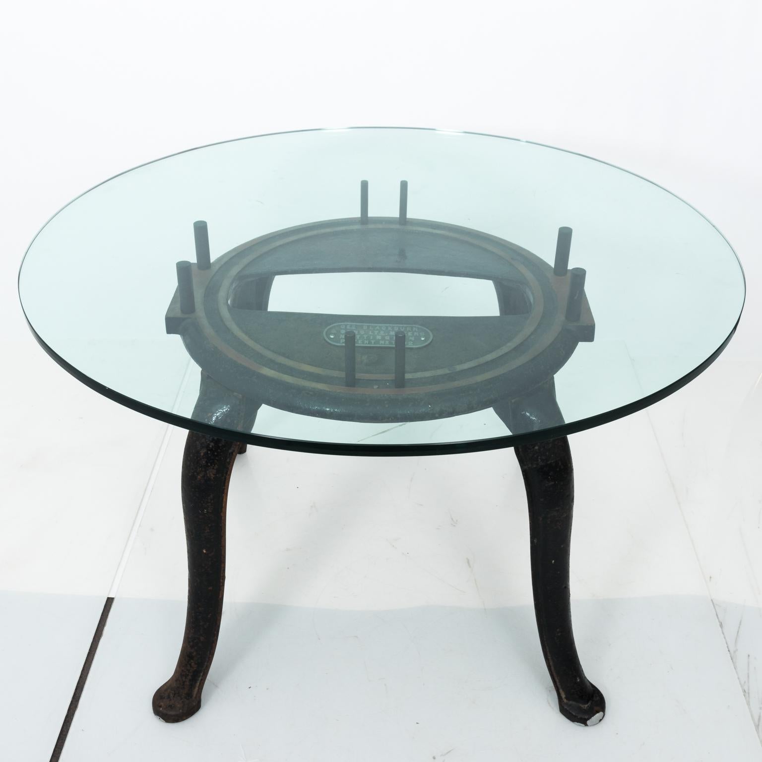 English Industrial Iron Base Center Table with Glass Top