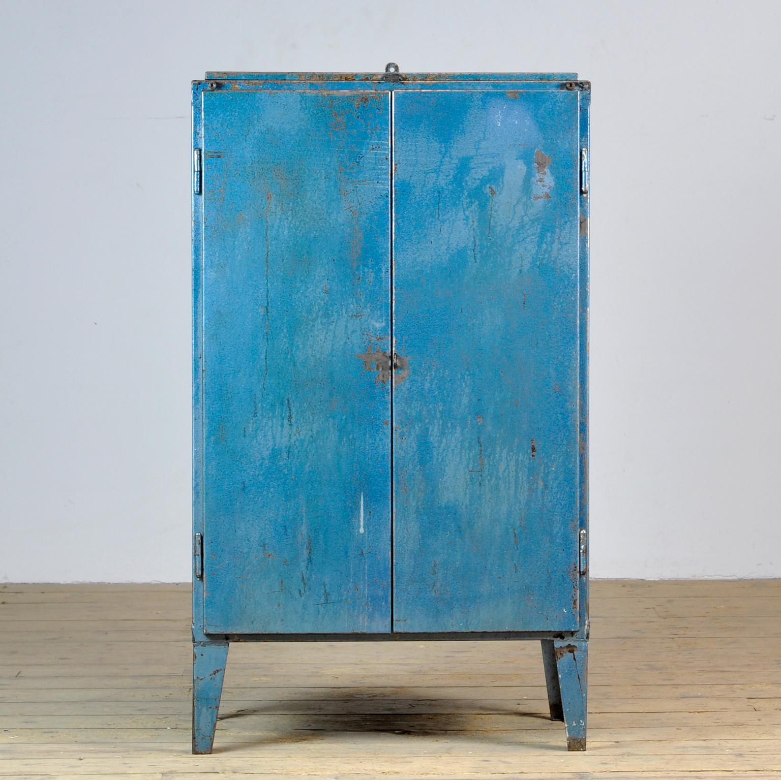 Iron industrial sideboard from the 1960's in nice vintage condition. With a valve on top. One shelve and two drawers on the inside. Treated for rust and finished with a transparant varnish. The surface is smooth and clean.