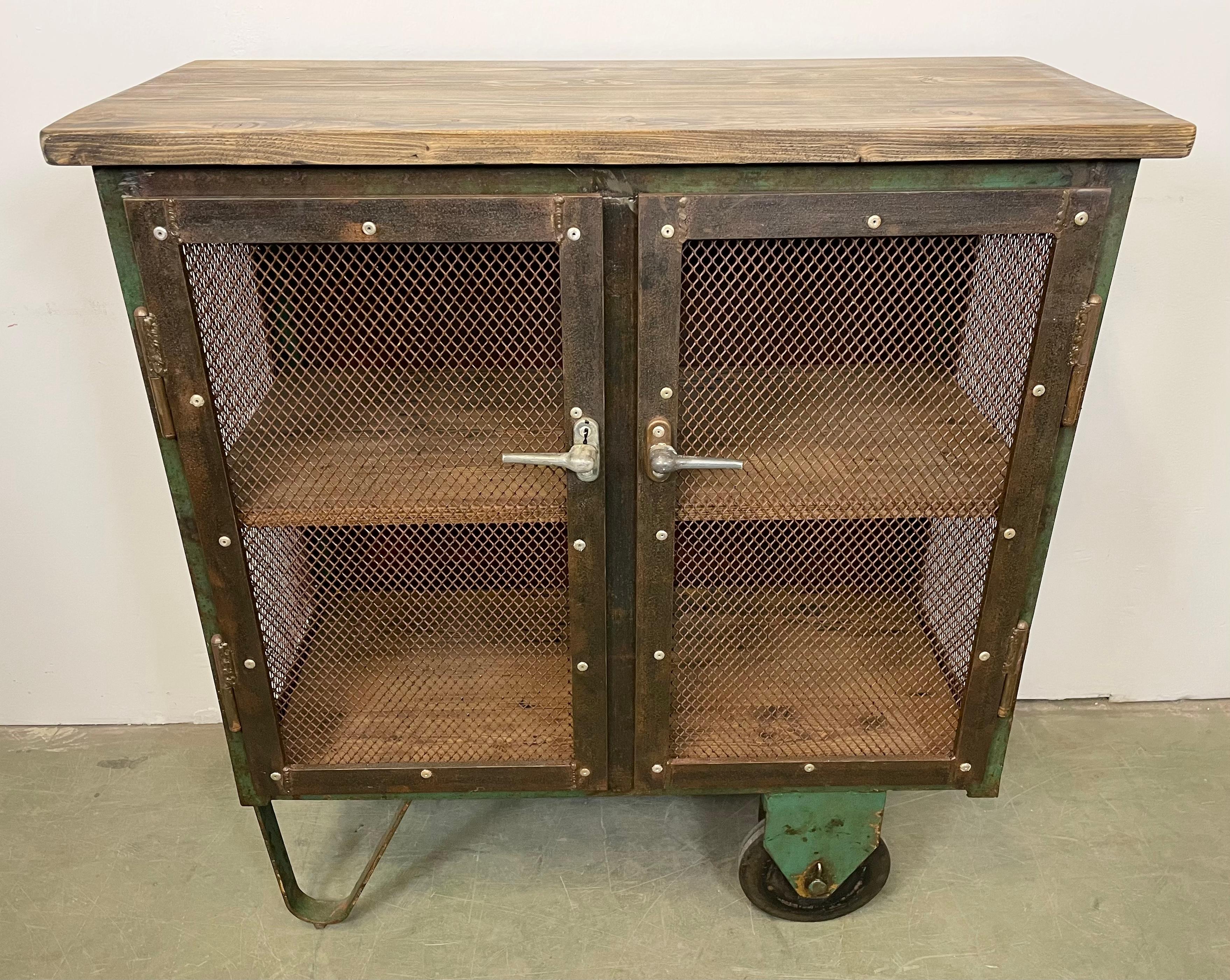 Industrial Iron Cabinet with Mesh Doors on Wheels, 1960s 5