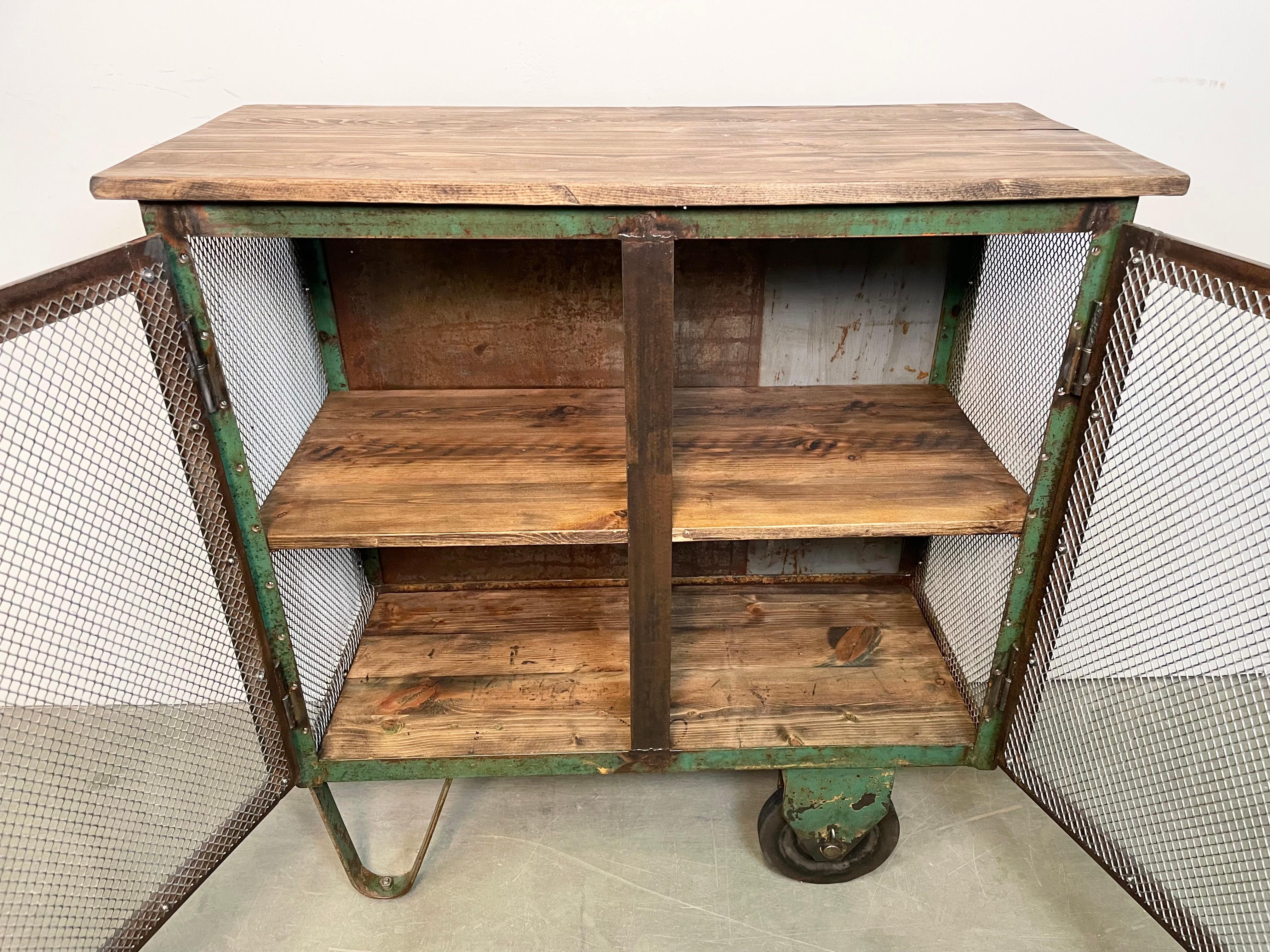 Industrial Iron Cabinet with Mesh Doors on Wheels, 1960s For Sale 4