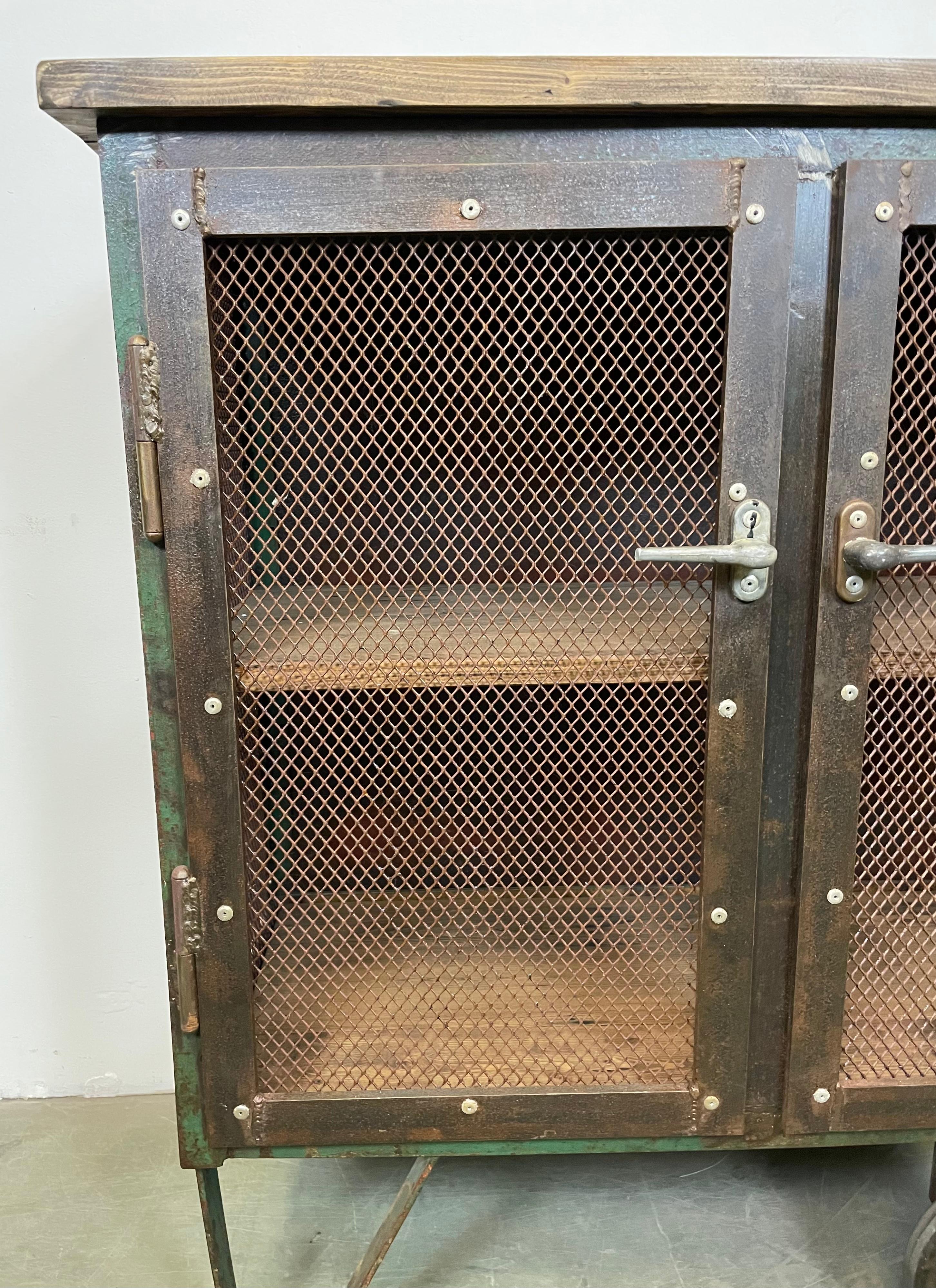 Industrial Iron Cabinet with Mesh Doors on Wheels, 1960s 6