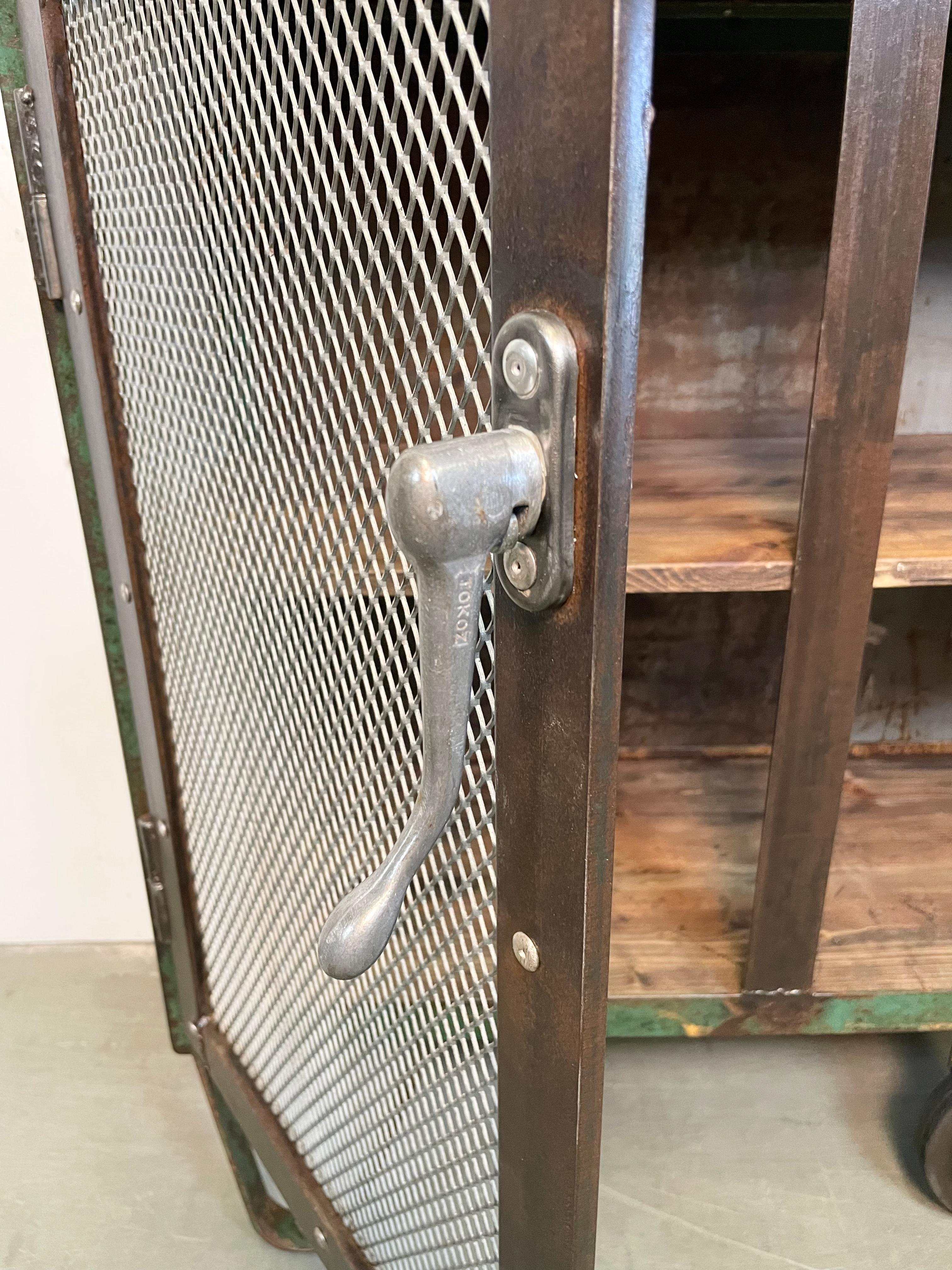 Industrial Iron Cabinet with Mesh Doors on Wheels, 1960s For Sale 6