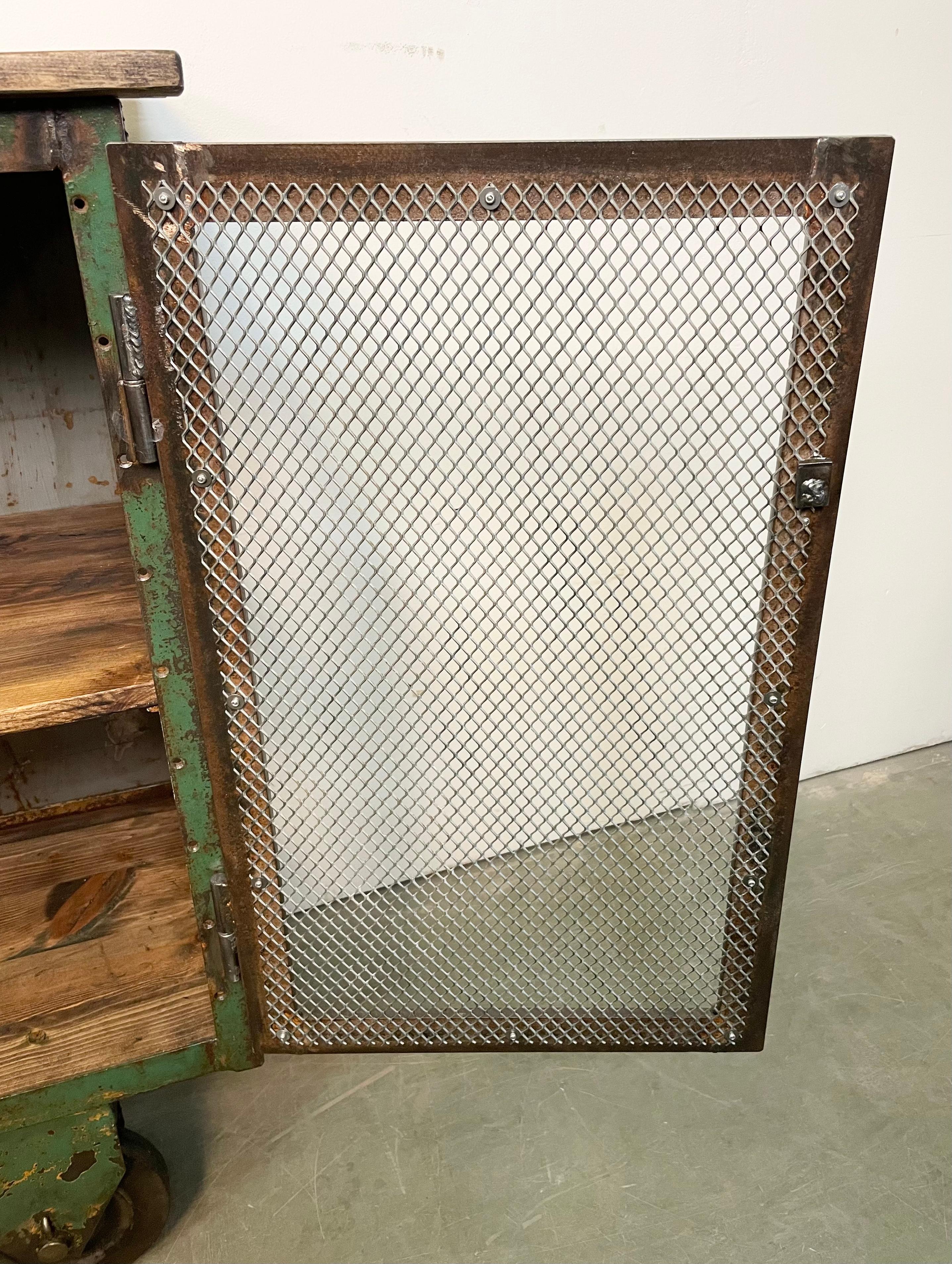 Industrial Iron Cabinet with Mesh Doors on Wheels, 1960s For Sale 7