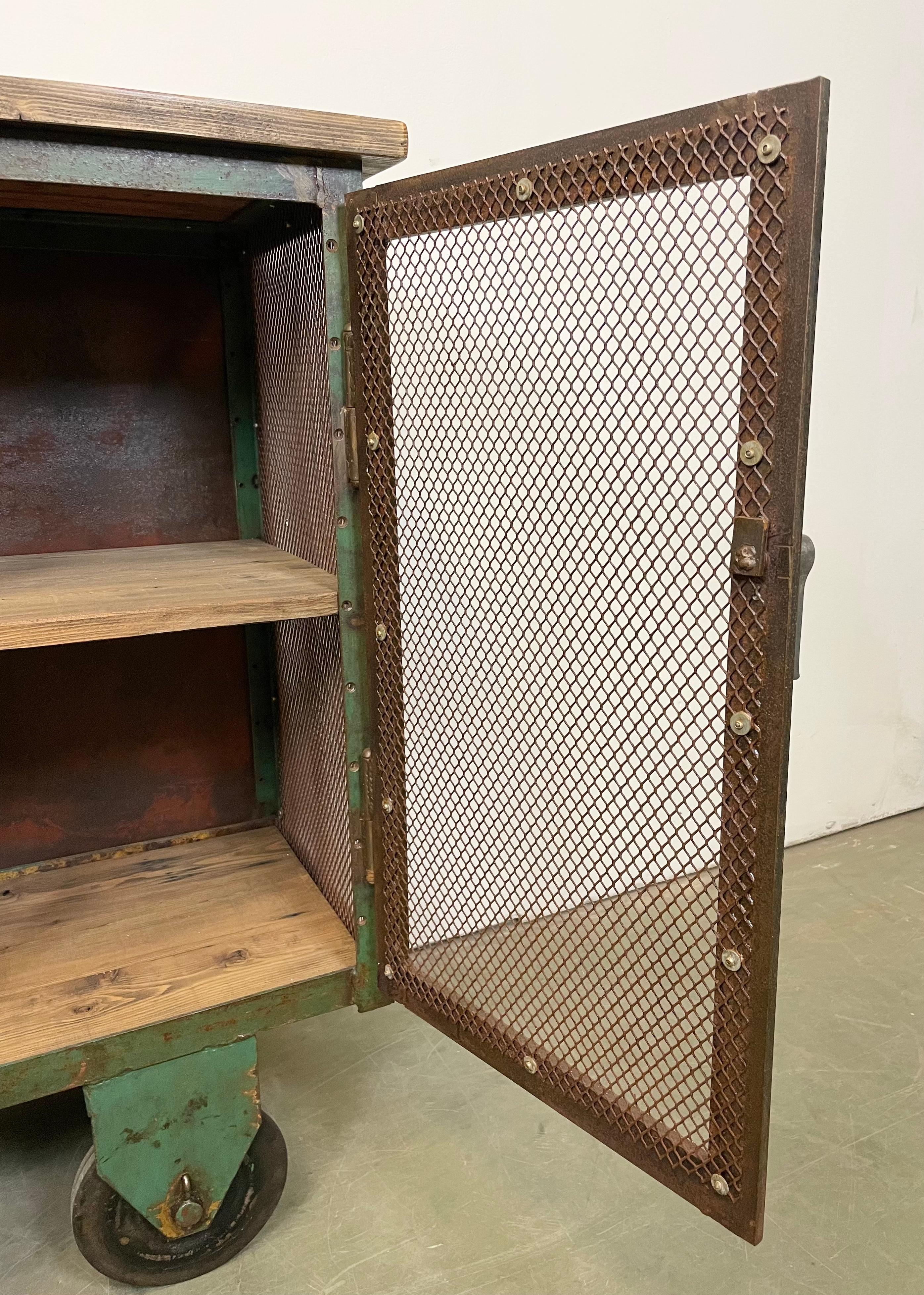 Industrial Iron Cabinet with Mesh Doors on Wheels, 1960s 10