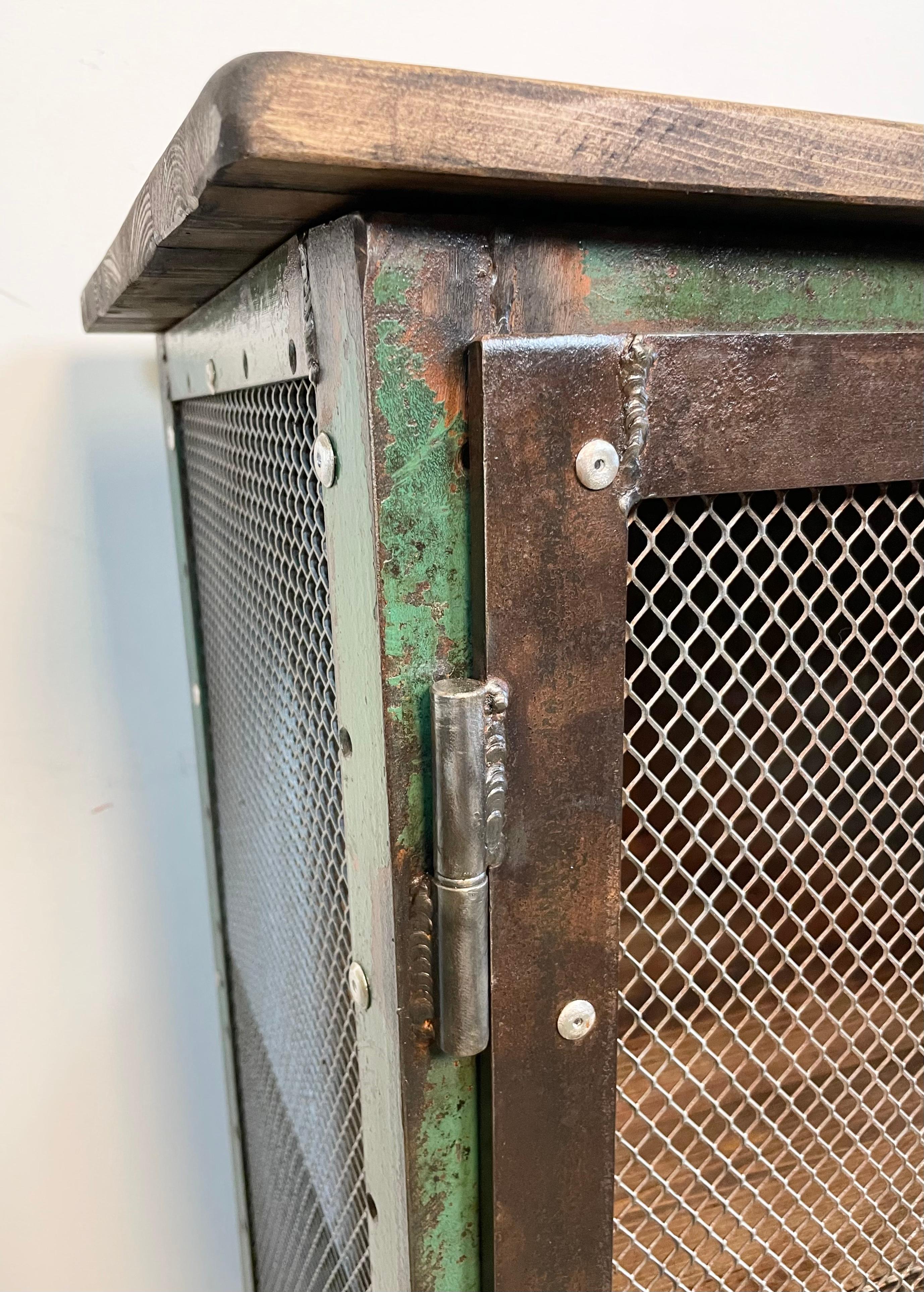 Industrial Iron Cabinet with Mesh Doors on Wheels, 1960s For Sale 9