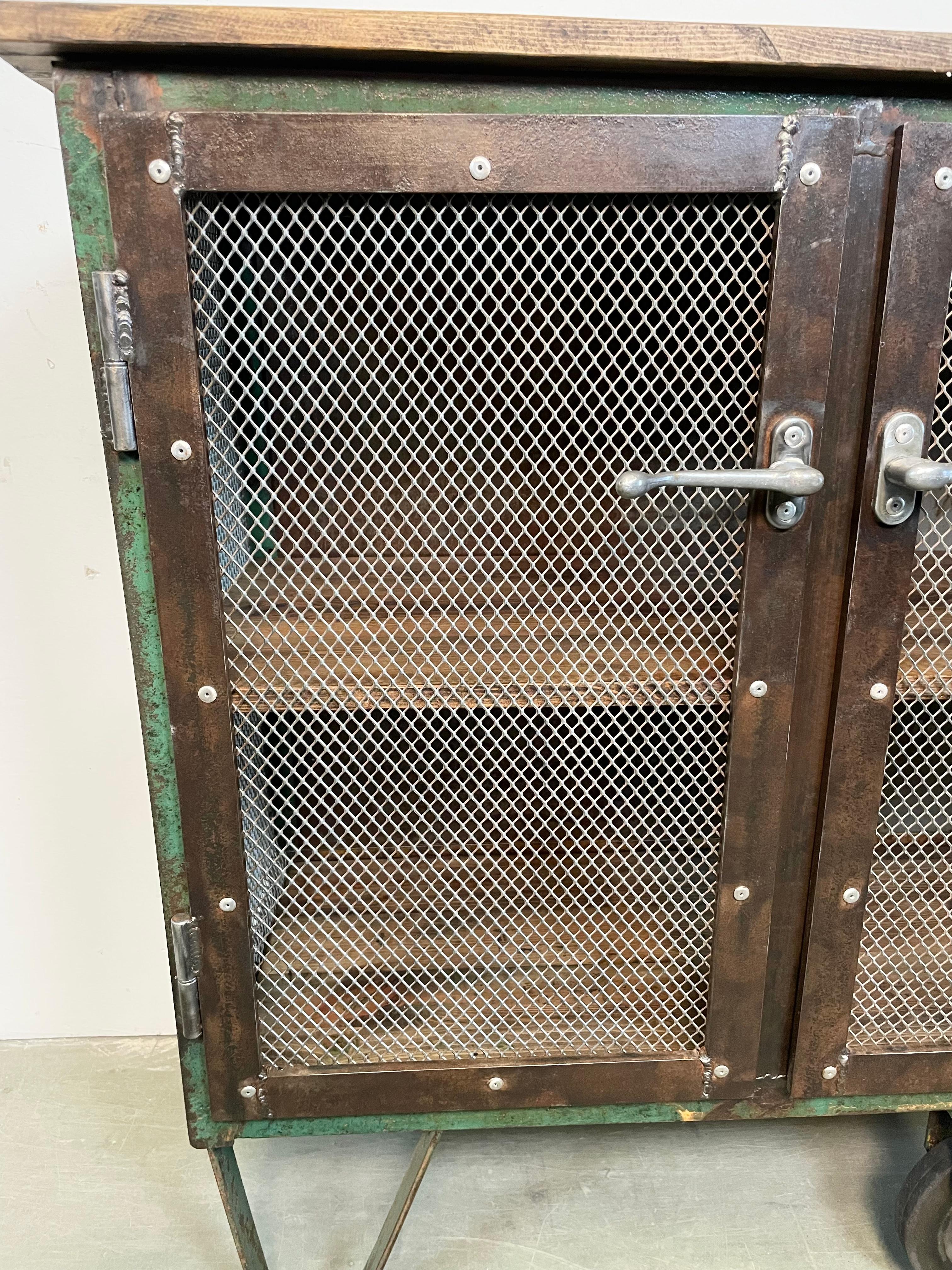 Industrial Iron Cabinet with Mesh Doors on Wheels, 1960s For Sale 11