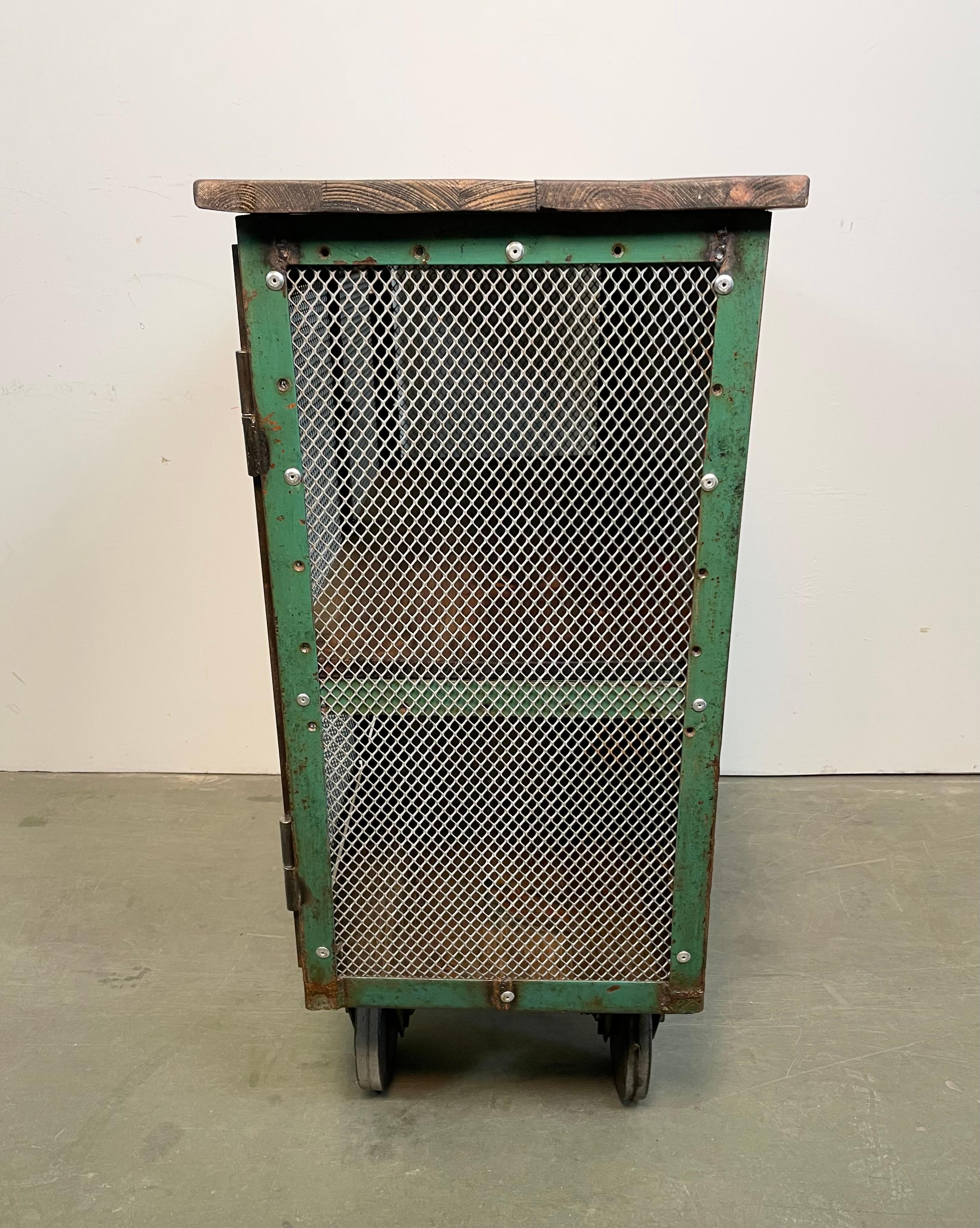 Industrial Iron Cabinet with Mesh Doors on Wheels, 1960s For Sale 13