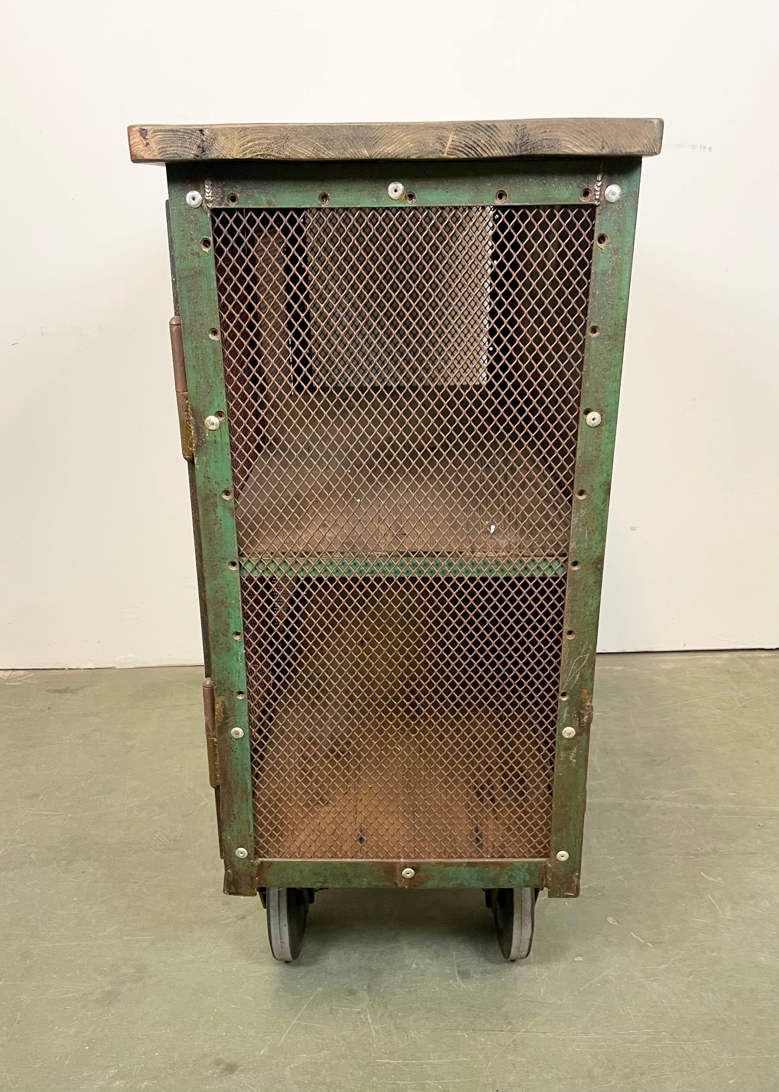 Industrial Iron Cabinet with Mesh Doors on Wheels, 1960s 15