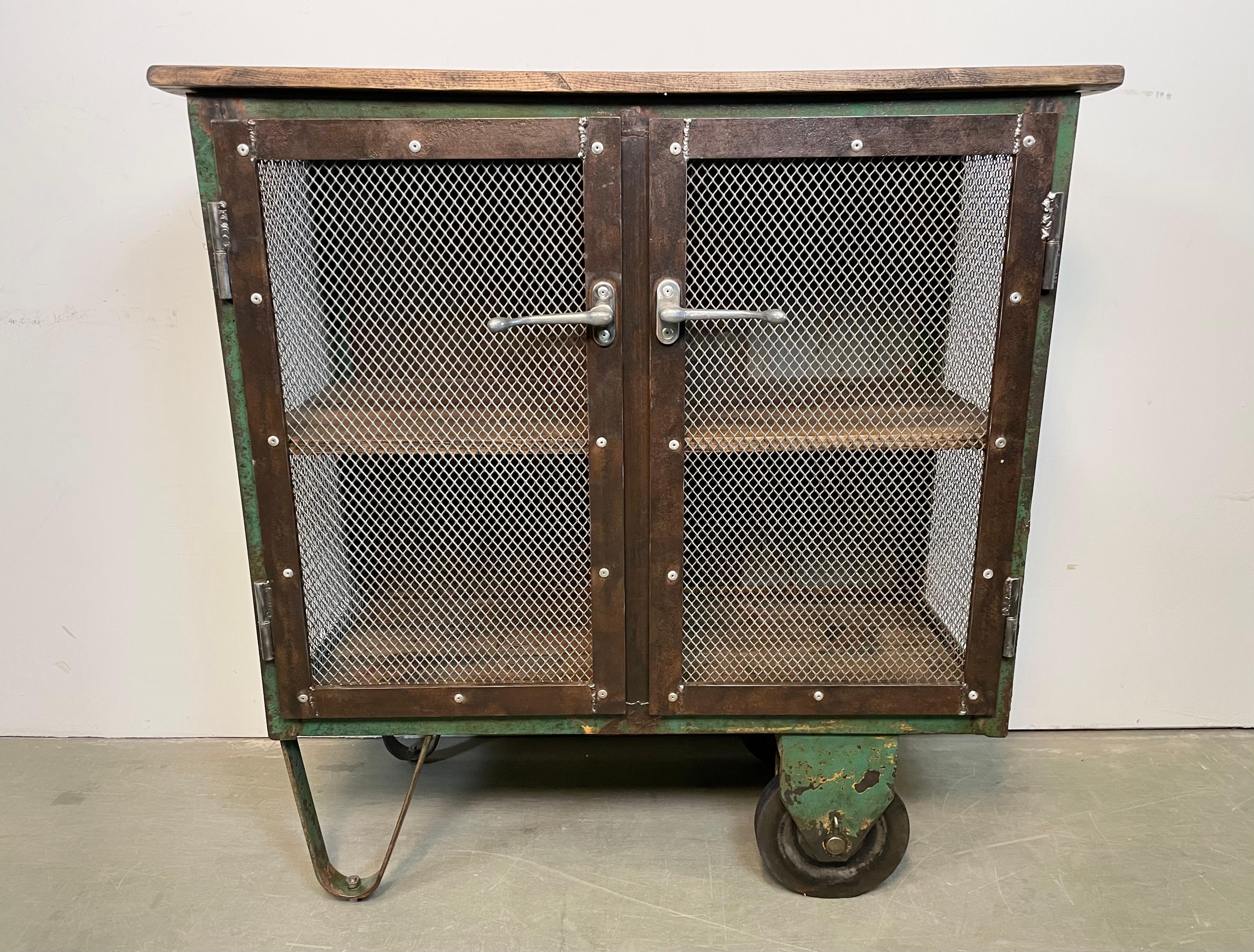 Industrial Iron Cabinet with Mesh Doors on Wheels, 1960s For Sale 1