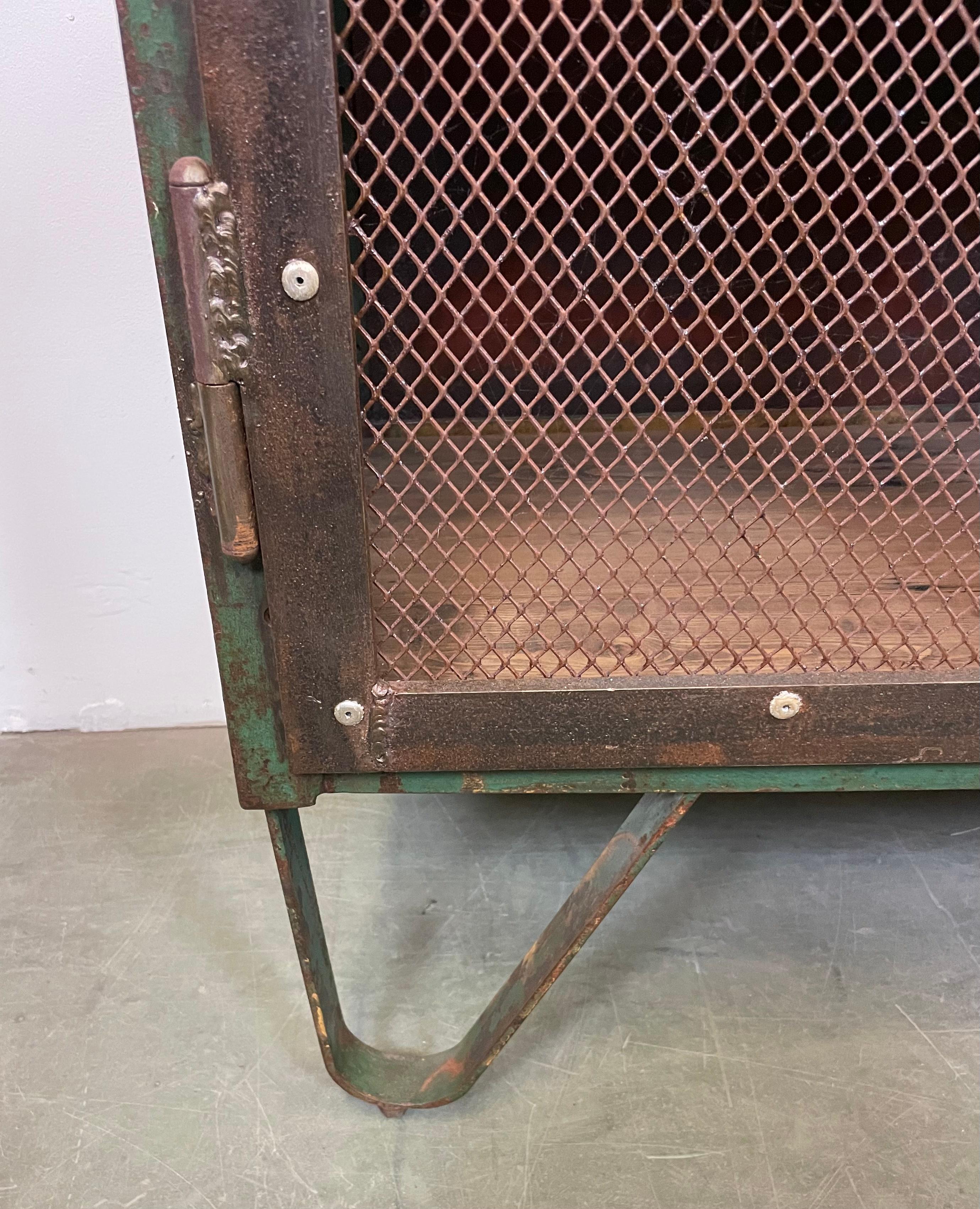 Industrial Iron Cabinet with Mesh Doors on Wheels, 1960s 3